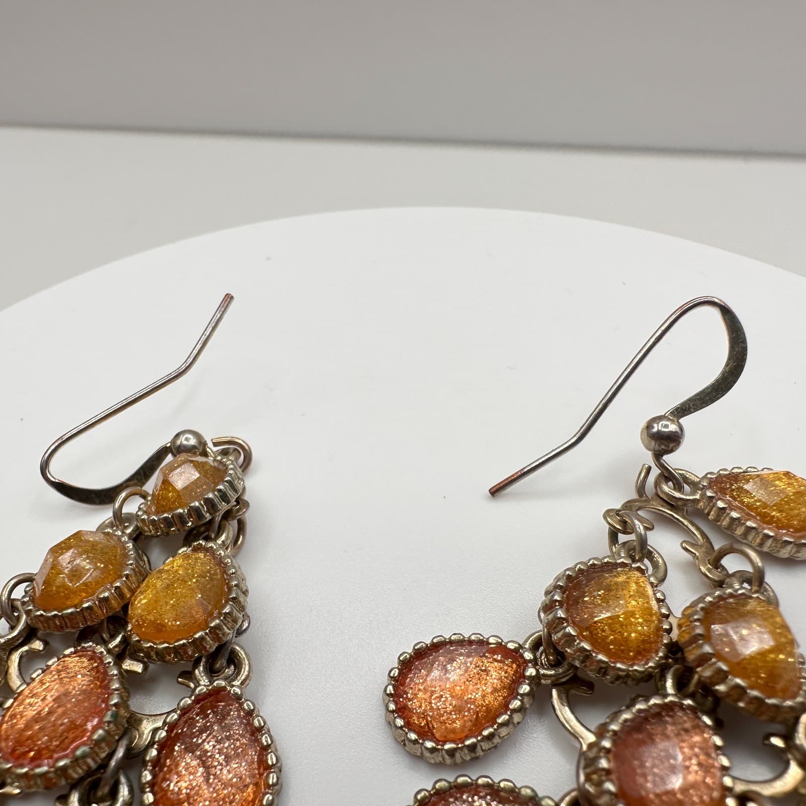 Vintage 80s Boohoo Glam Silver Tone Glitter Dangle Earrings Amber Tones Jewelry - Thumbnail 5