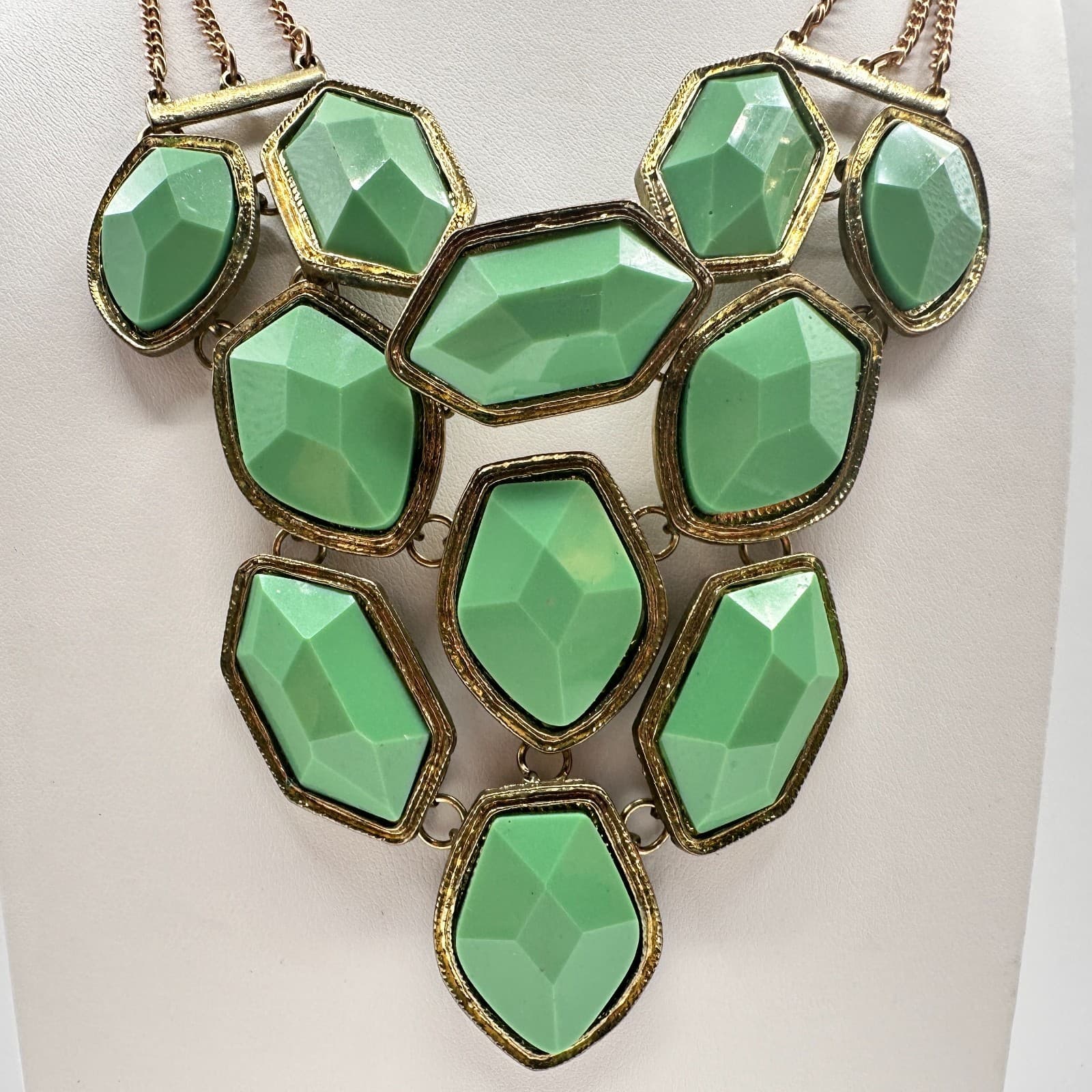 Vintage Y2K Statement Necklace Green Faux Stone Bib Gold Tone Multi Chain - Thumbnail 4
