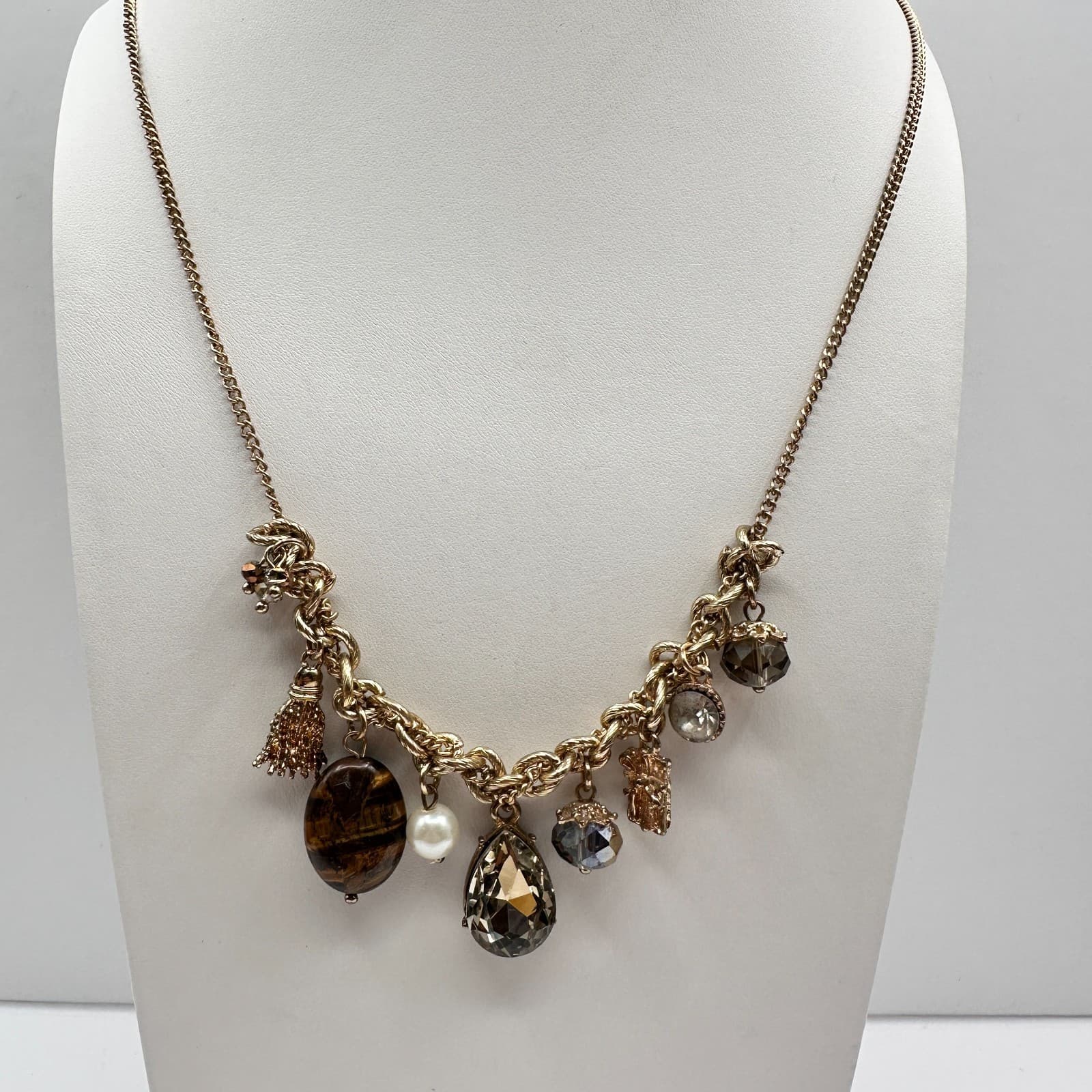 Vintage 80s Boohoo Luce Gold Charm Necklace Tassel Tigers Eye Womens Jewelry - Thumbnail 2