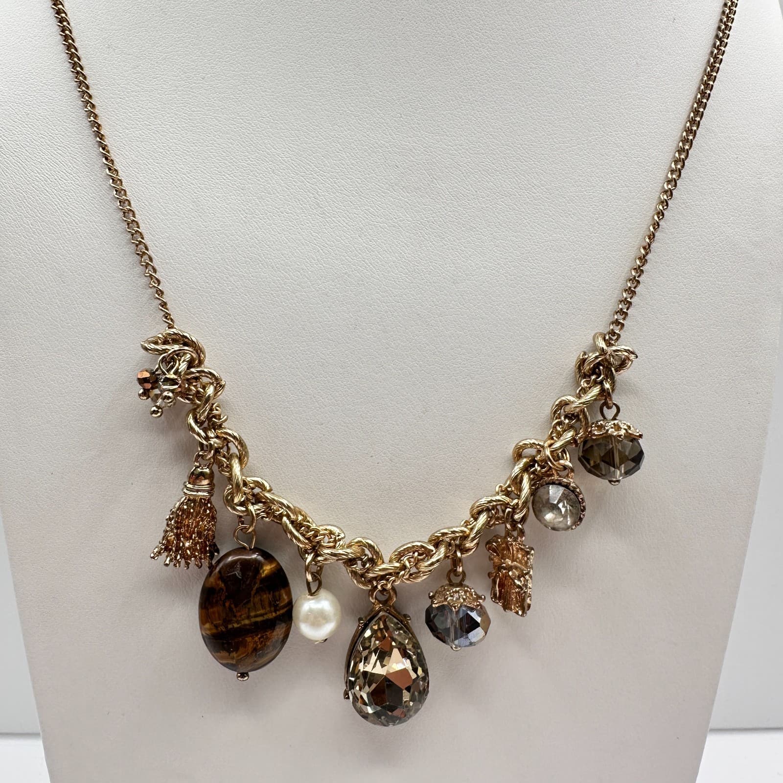 Vintage 80s Boohoo Luce Gold Charm Necklace Tassel Tigers Eye Womens Jewelry - Thumbnail 8