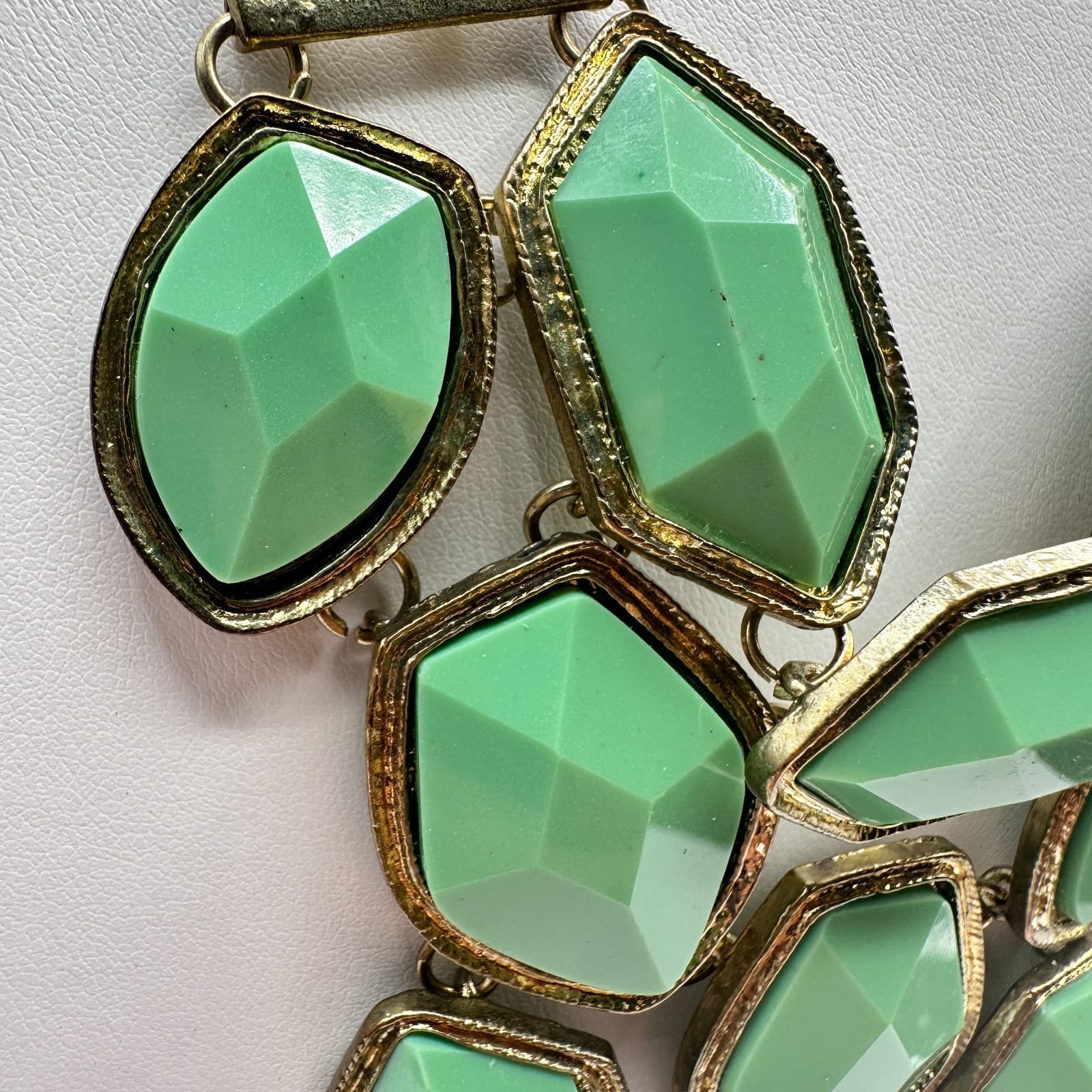 Vintage Y2K Statement Necklace Green Faux Stone Bib Gold Tone Multi Chain - Thumbnail 5