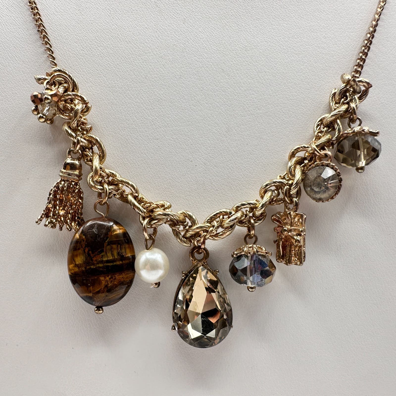 Vintage 80s Boohoo Luce Gold Charm Necklace Tassel Tigers Eye Womens Jewelry - Thumbnail 3