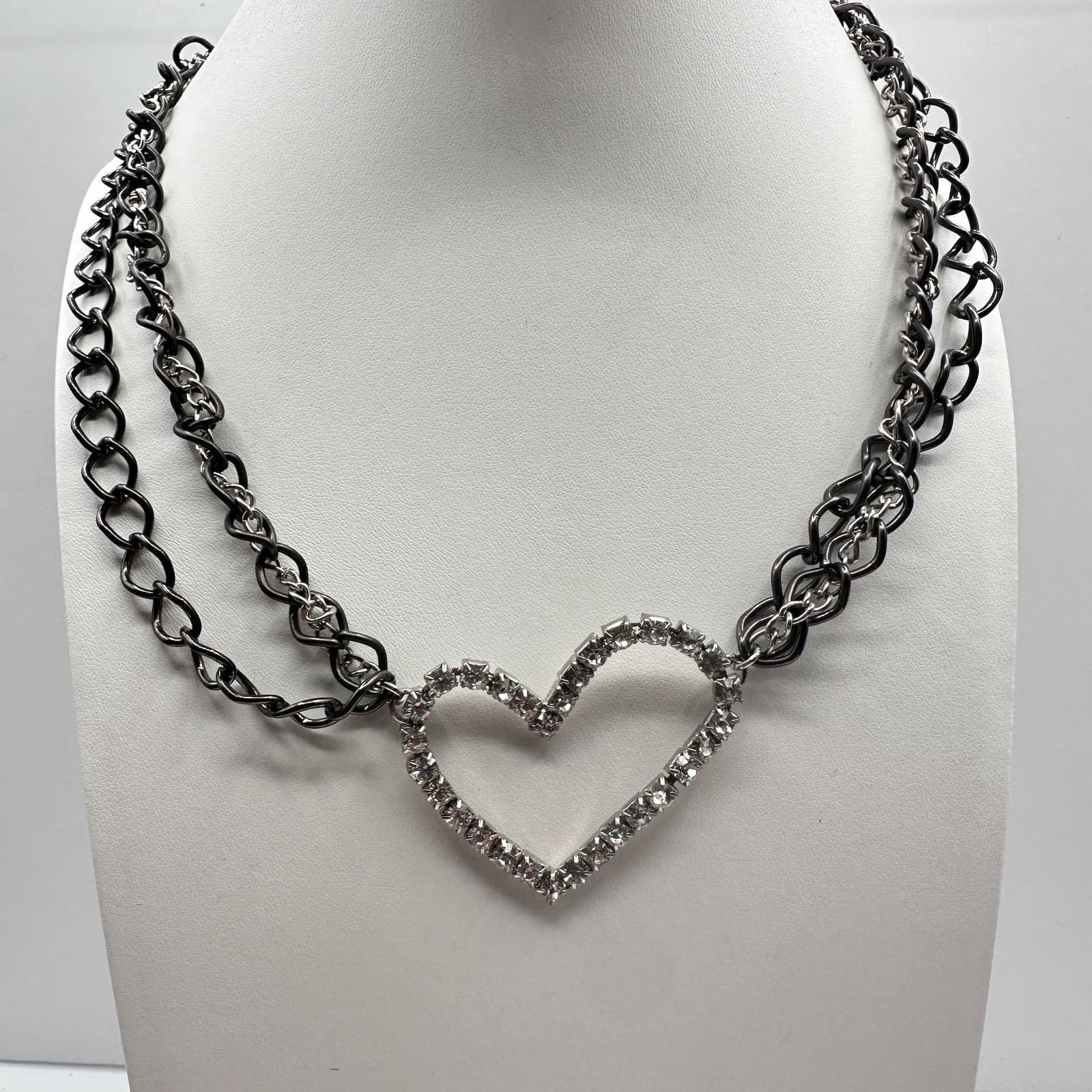 Vintage Y2K Heart Pendant Necklace Gunmetal Multi Stand Chain Clear Rhinestone - Thumbnail 2