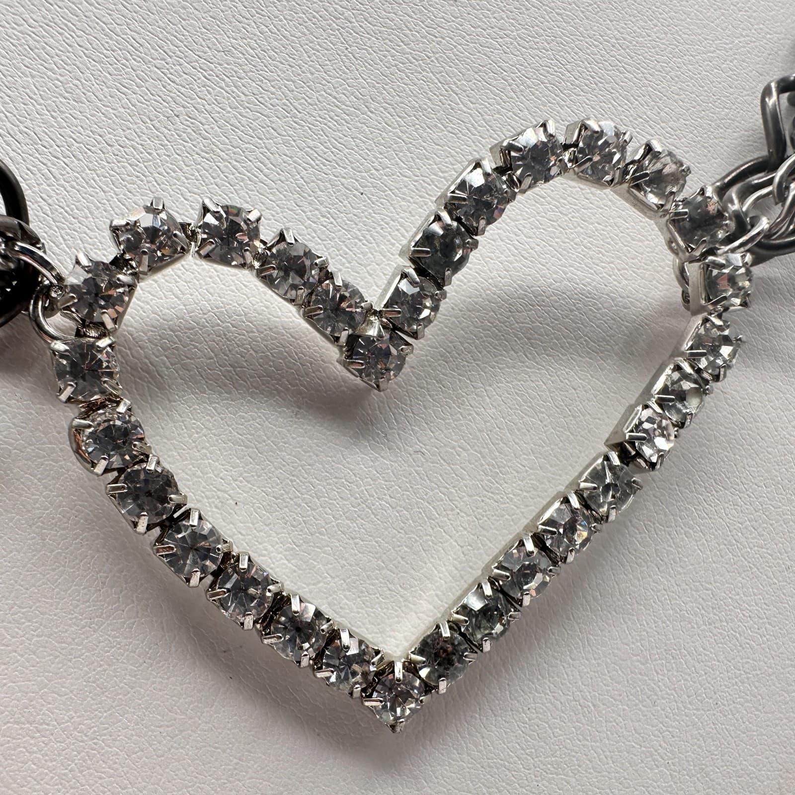 Vintage Y2K Heart Pendant Necklace Gunmetal Multi Stand Chain Clear Rhinestone - Thumbnail 4