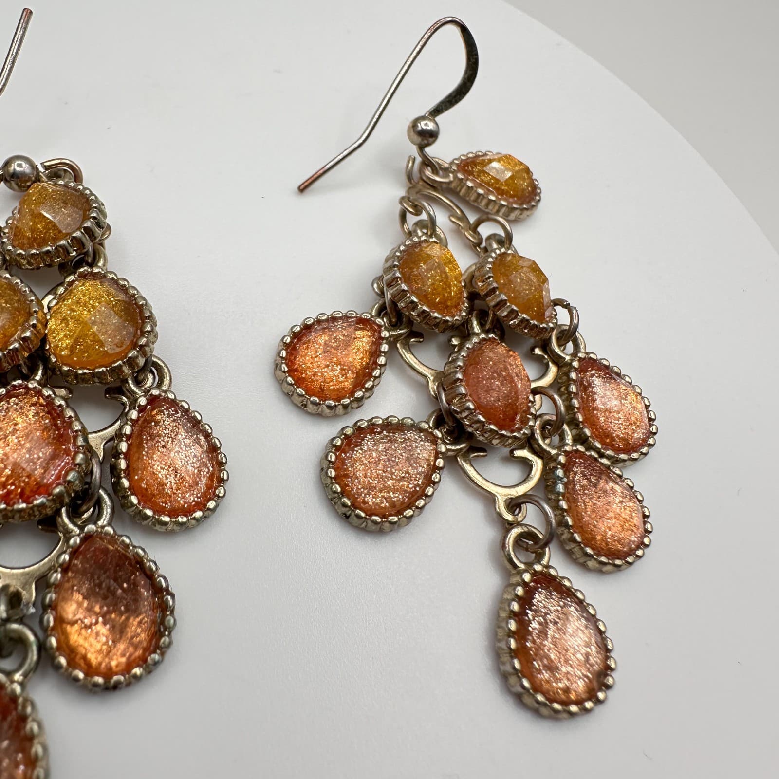 Vintage 80s Boohoo Glam Silver Tone Glitter Dangle Earrings Amber Tones Jewelry - Thumbnail 4