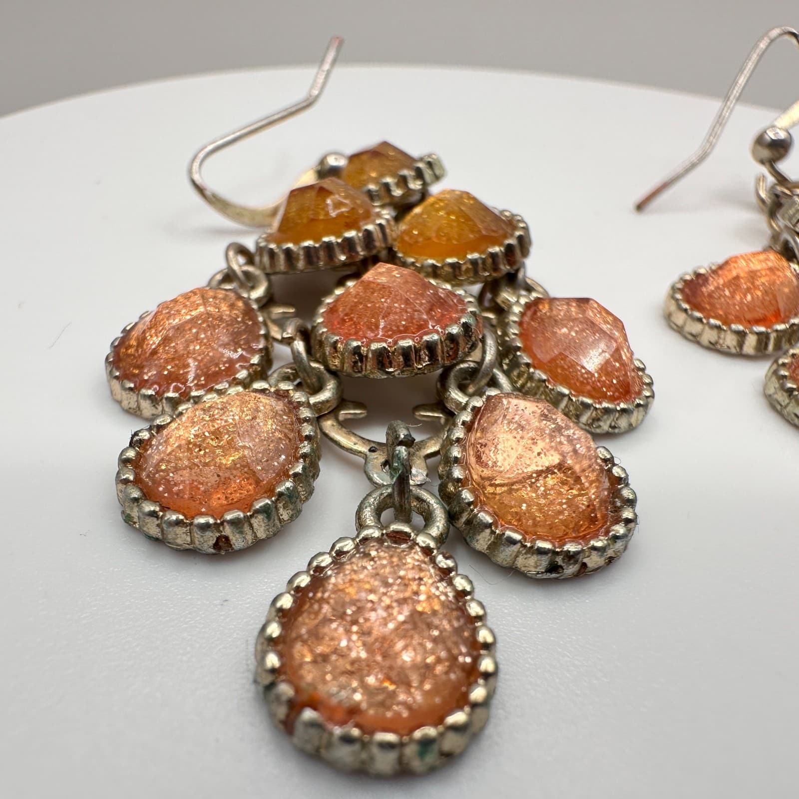 Vintage 80s Boohoo Glam Silver Tone Glitter Dangle Earrings Amber Tones Jewelry - Thumbnail 6