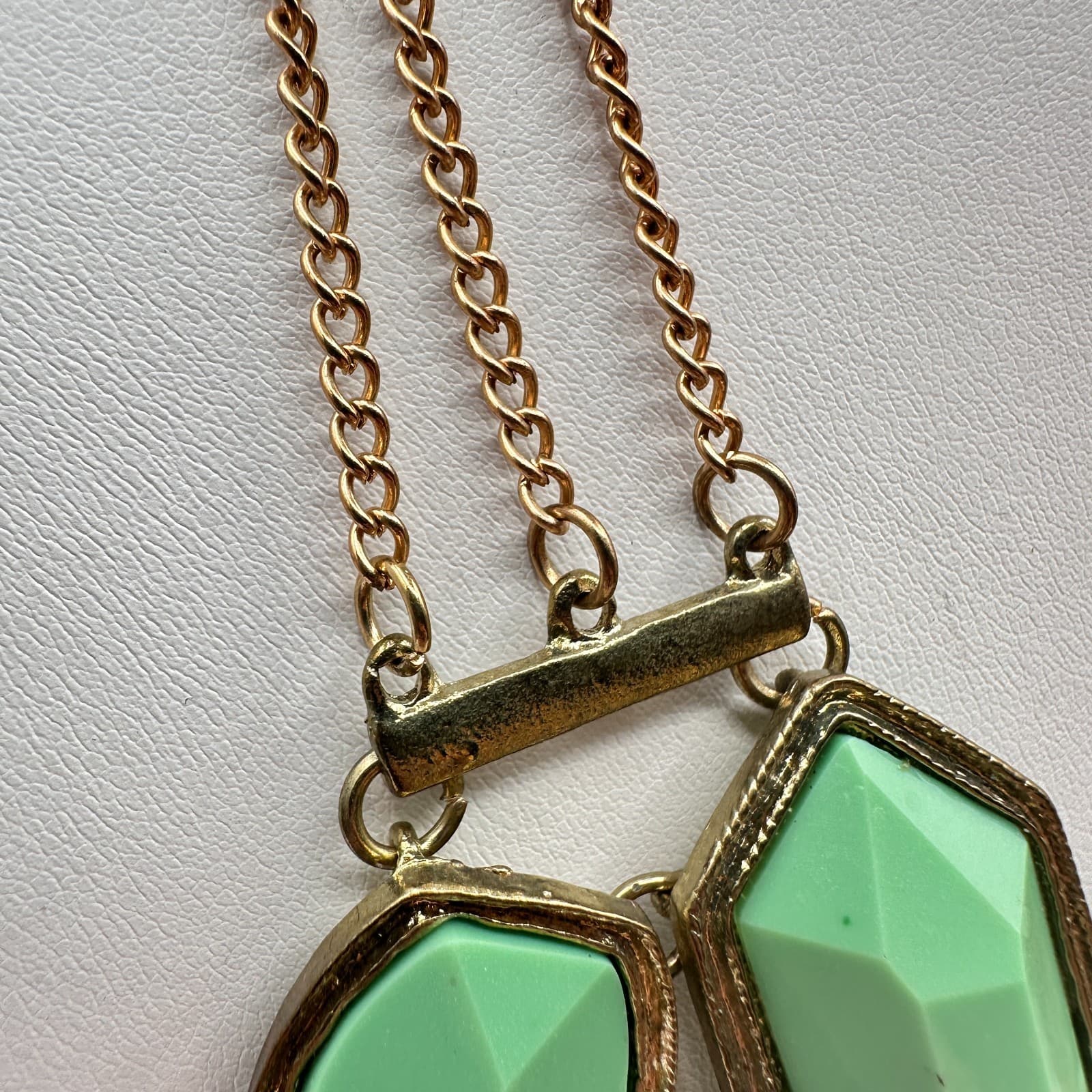 Vintage Y2K Statement Necklace Green Faux Stone Bib Gold Tone Multi Chain - Thumbnail 6