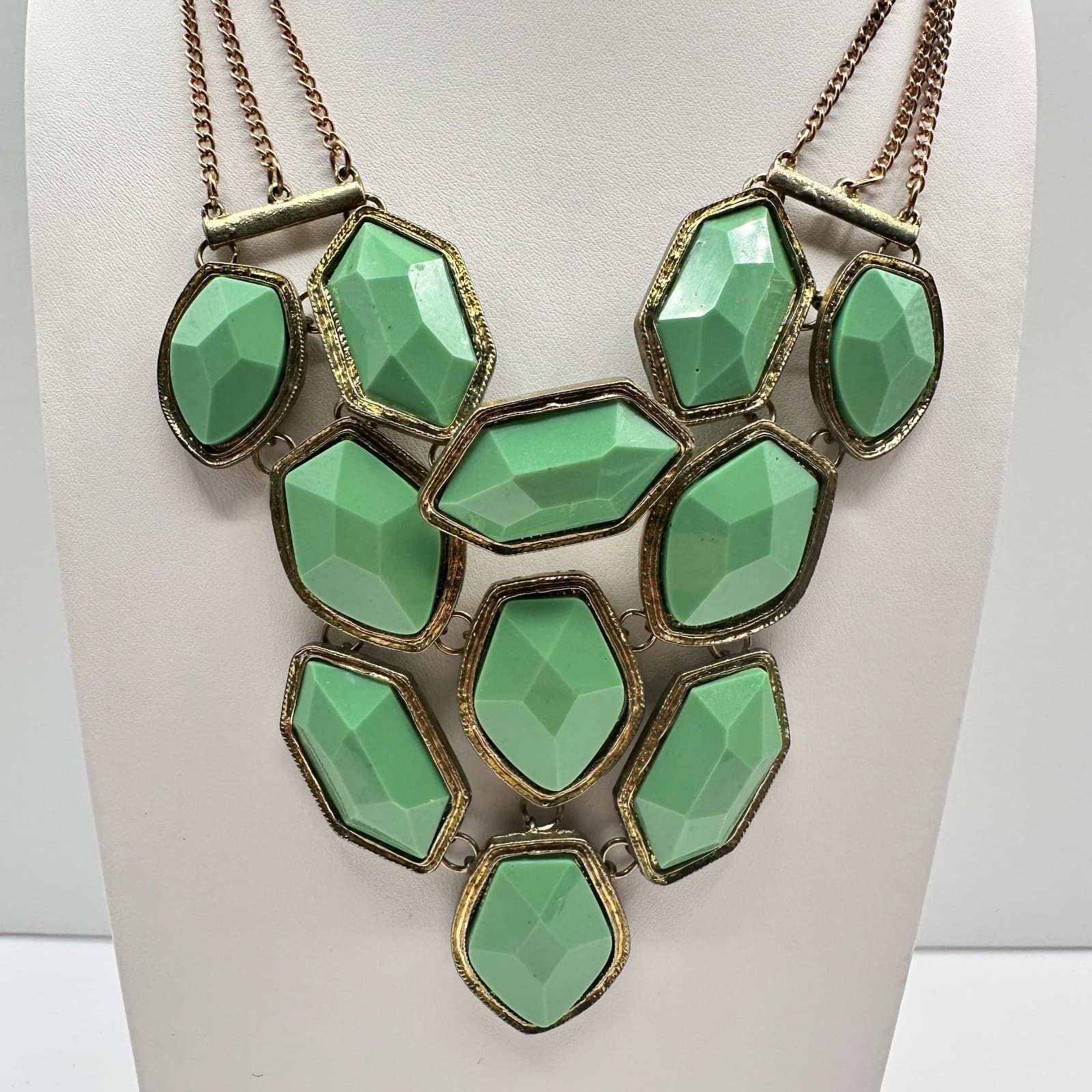 Vintage Y2K Statement Necklace Green Faux Stone Bib Gold Tone Multi Chain - Thumbnail 2