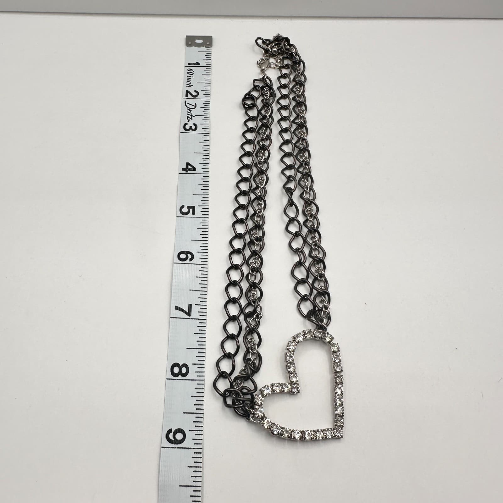 Vintage Y2K Heart Pendant Necklace Gunmetal Multi Stand Chain Clear Rhinestone - Thumbnail 9