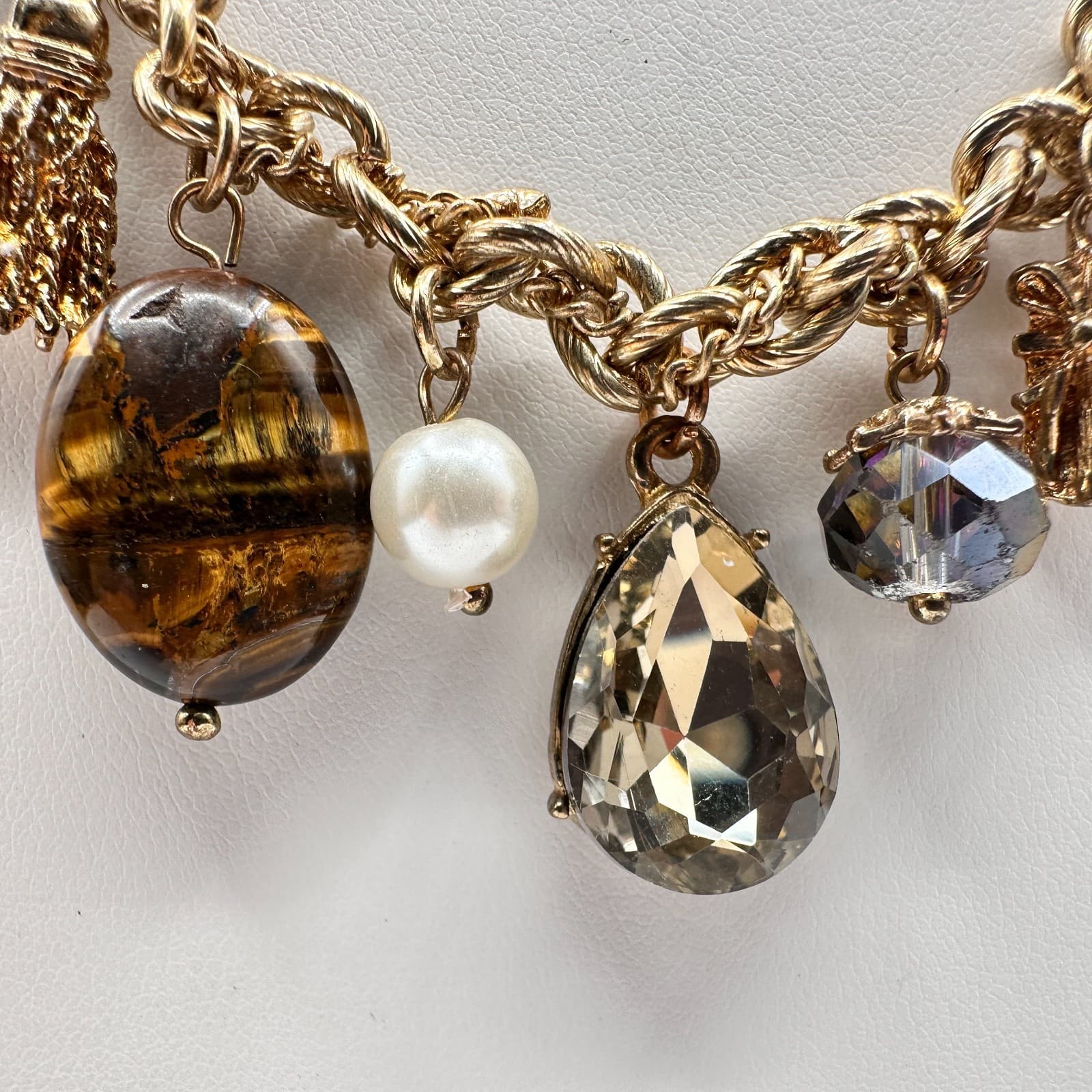 Vintage 80s Boohoo Luce Gold Charm Necklace Tassel Tigers Eye Womens Jewelry - Thumbnail 4