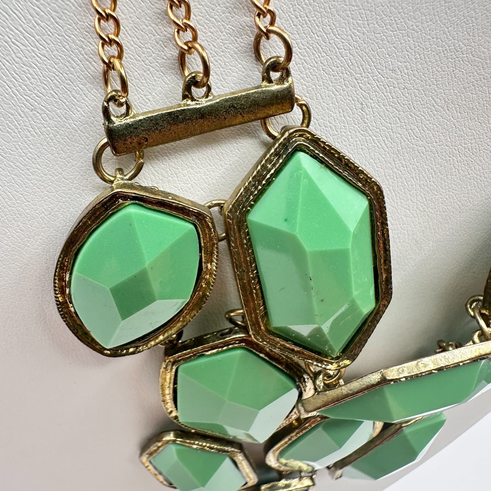 Vintage Y2K Statement Necklace Green Faux Stone Bib Gold Tone Multi Chain - Thumbnail 7