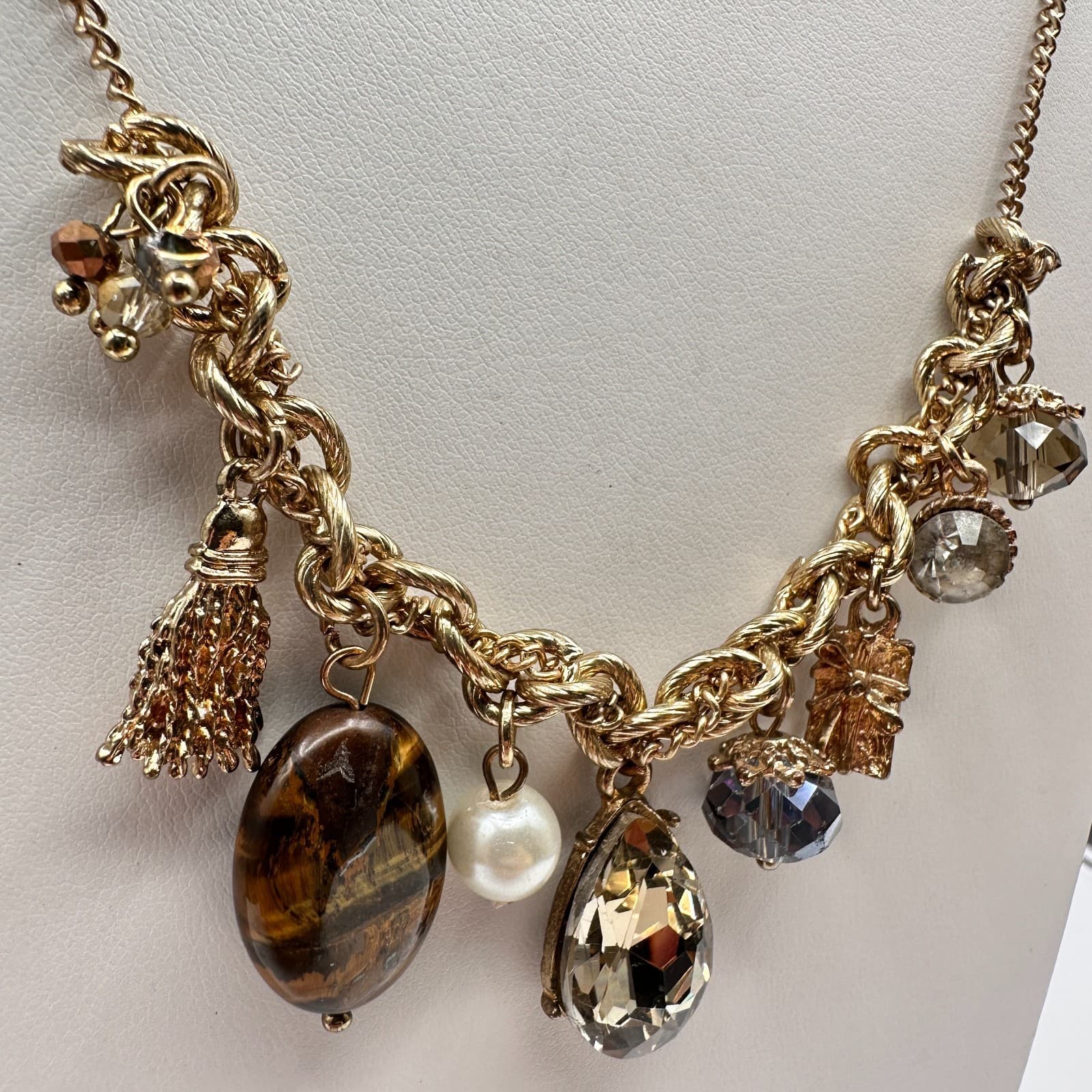 Vintage 80s Boohoo Luce Gold Charm Necklace Tassel Tigers Eye Womens Jewelry - Thumbnail 6