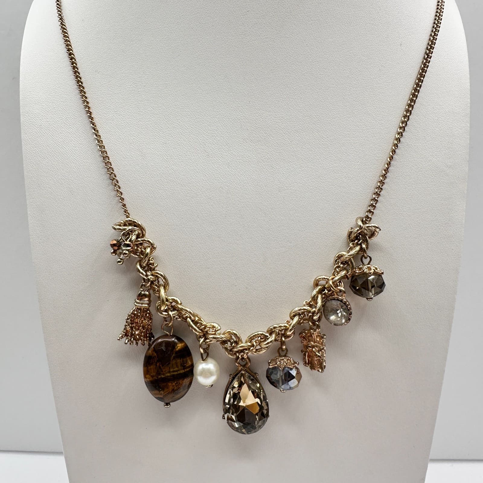 Vintage 80s Boohoo Luce Gold Charm Necklace Tassel Tigers Eye Womens Jewelry - Image 1