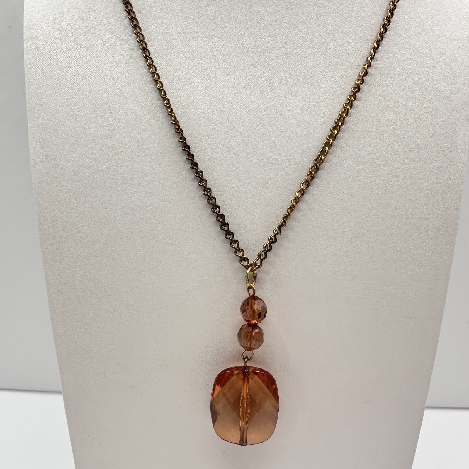 Vintage 90s Bronze Amber Glass Beaded Pendant Necklace Statement Women's Jewelry - Image 1