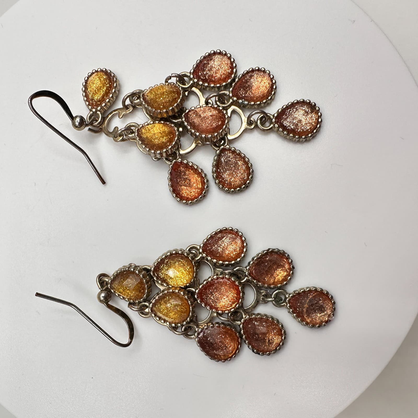 Vintage 80s Boohoo Glam Silver Tone Glitter Dangle Earrings Amber Tones Jewelry - Thumbnail 7