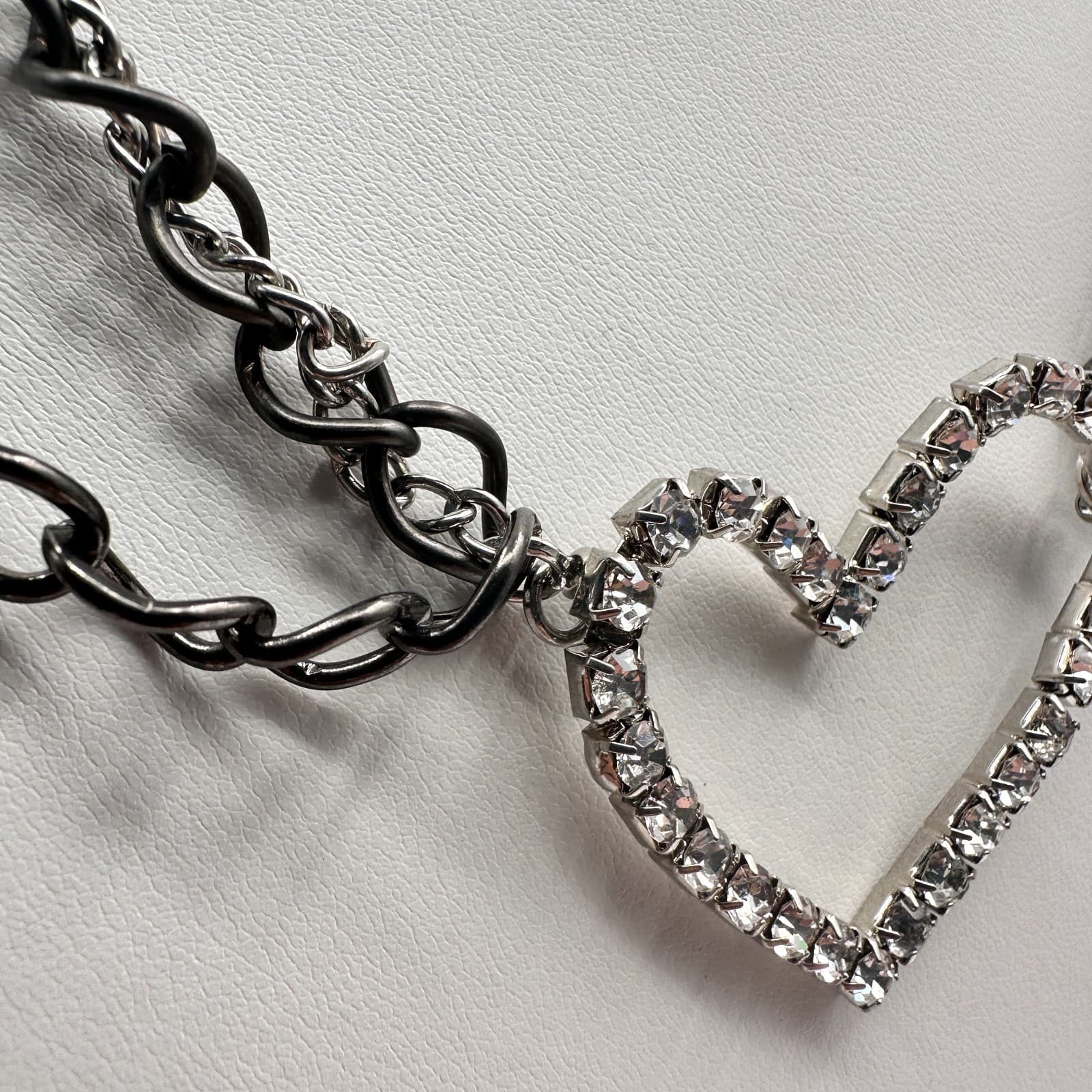 Vintage Y2K Heart Pendant Necklace Gunmetal Multi Stand Chain Clear Rhinestone - Thumbnail 6