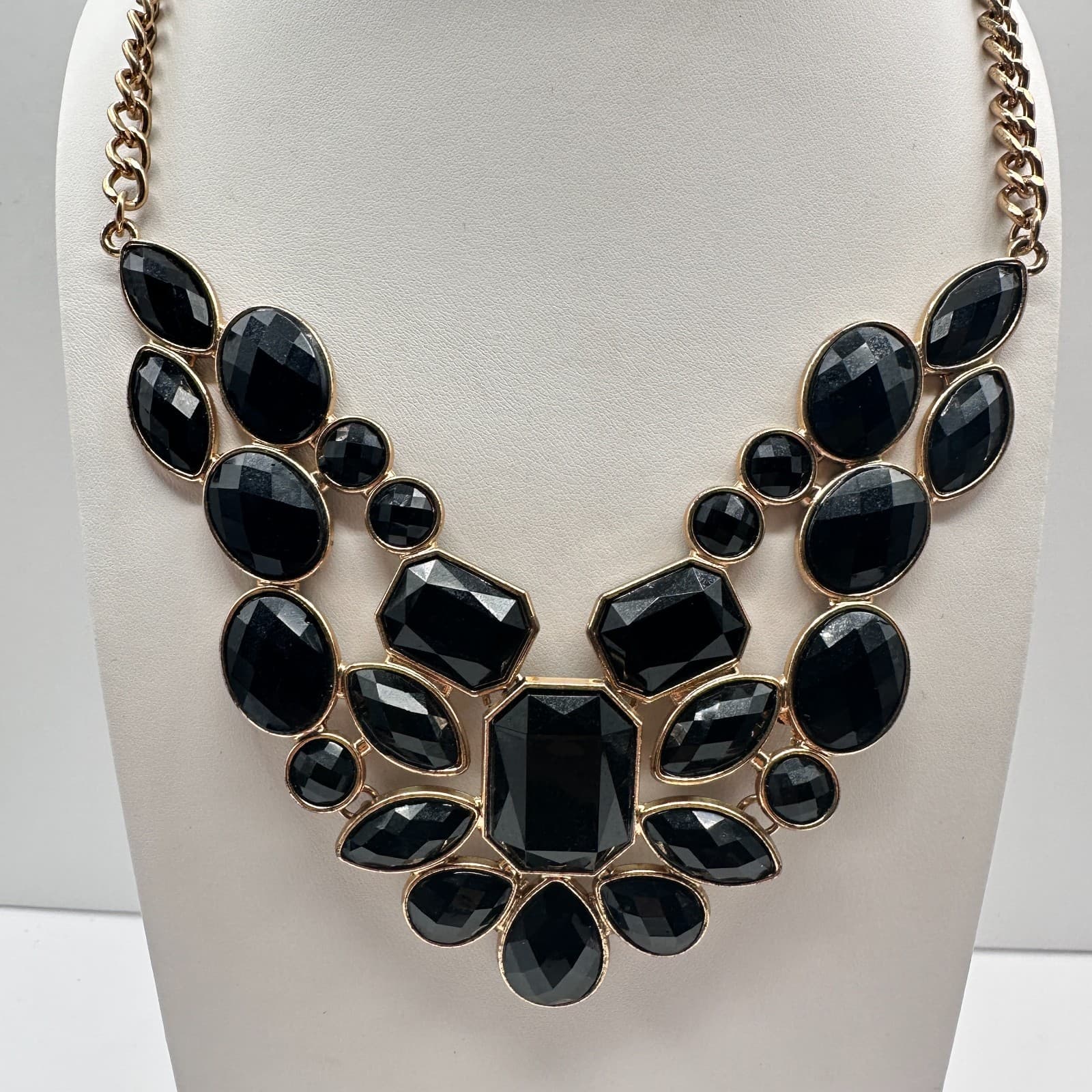 Vintage Y2K Black Onyx Statement Bib Necklace Gold Tone Chunky Women's Jewelry - Image 1