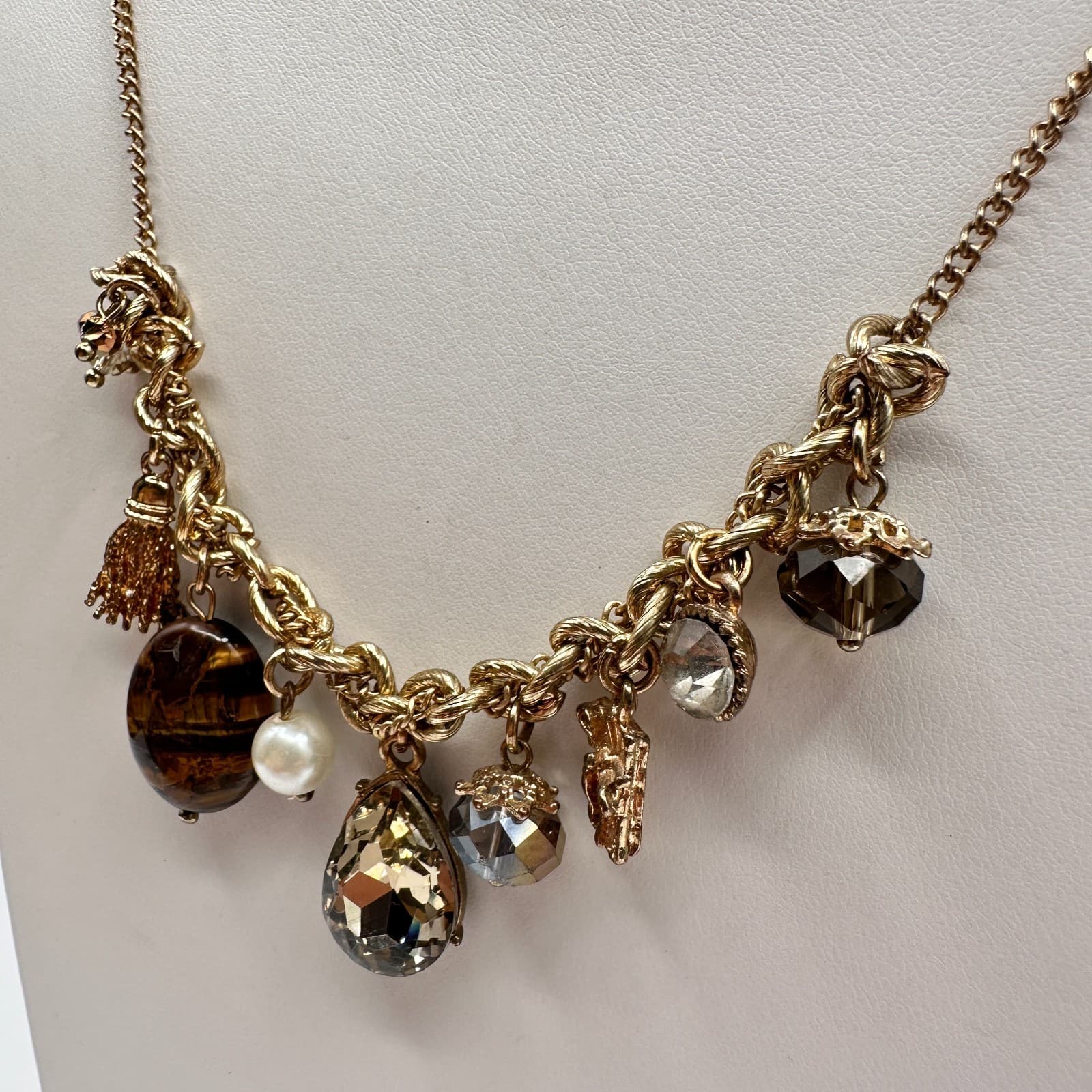 Vintage 80s Boohoo Luce Gold Charm Necklace Tassel Tigers Eye Womens Jewelry - Thumbnail 7