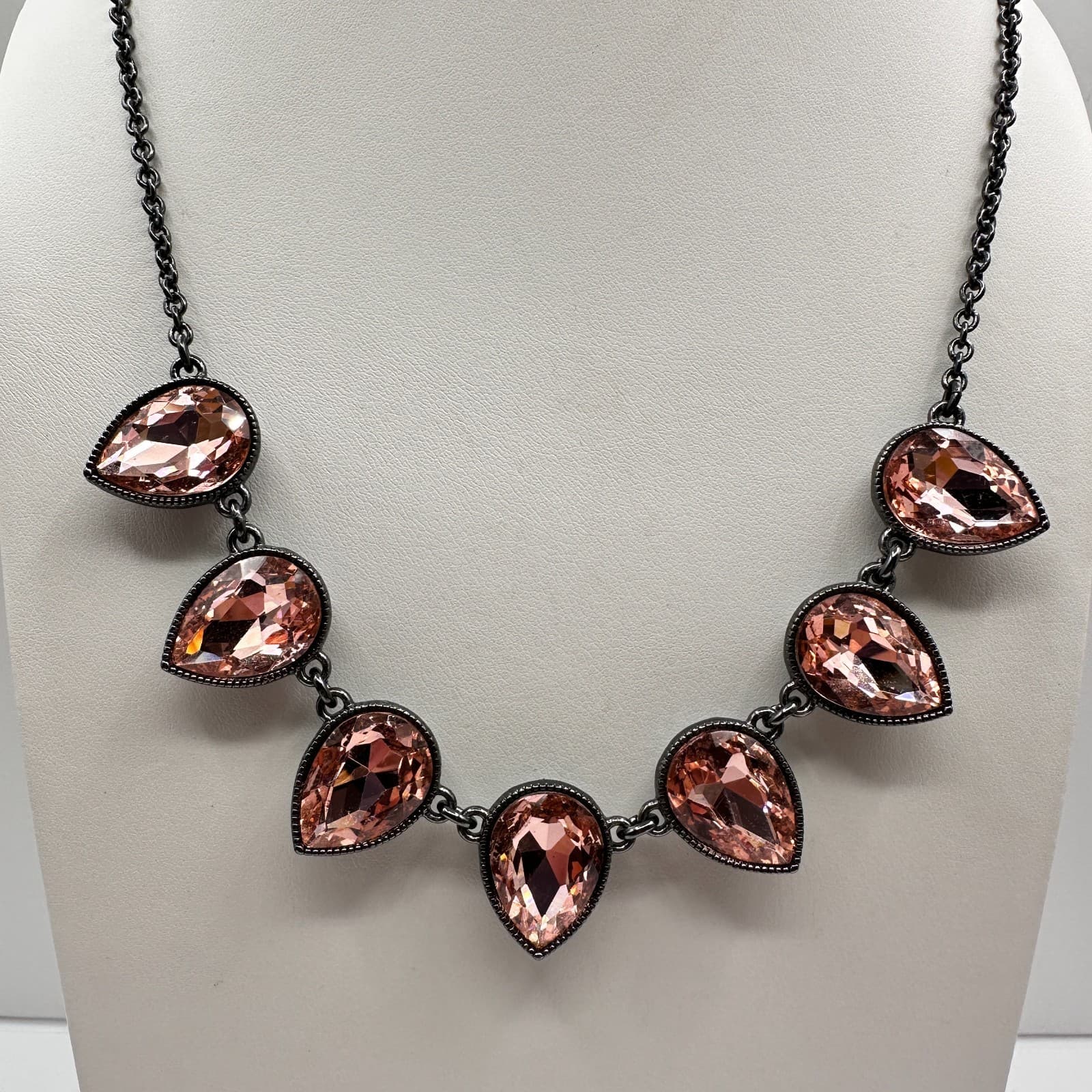 Vintage 80s Amber Crystal Teardrop Necklace Statement Gunmetal Fashion Jewelry - Image 1