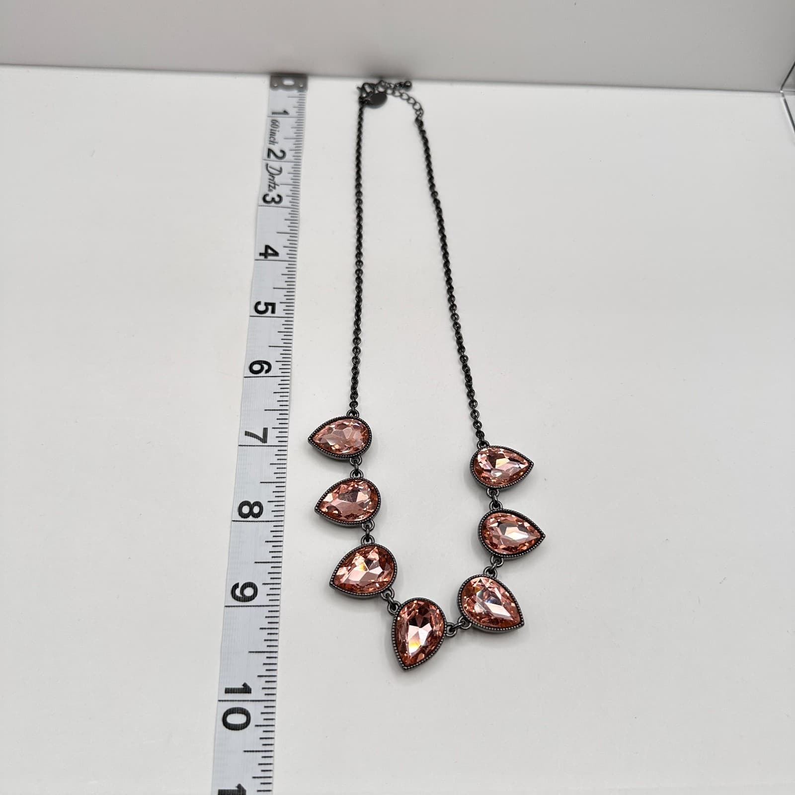 Vintage 80s Amber Crystal Teardrop Necklace Statement Gunmetal Fashion Jewelry - Thumbnail 9