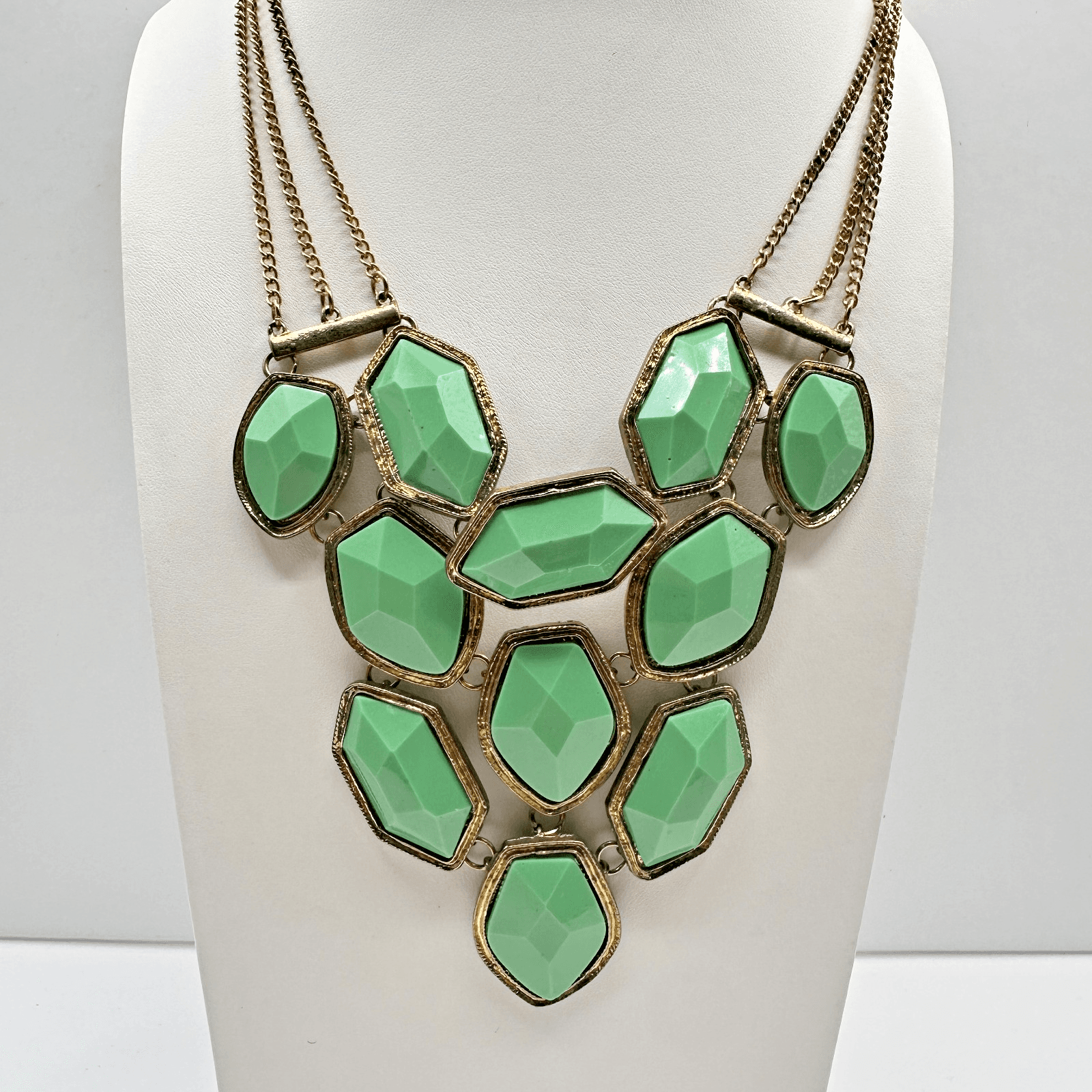 Vintage Y2K Statement Necklace Green Faux Stone Bib Gold Tone Multi Chain - Image 1