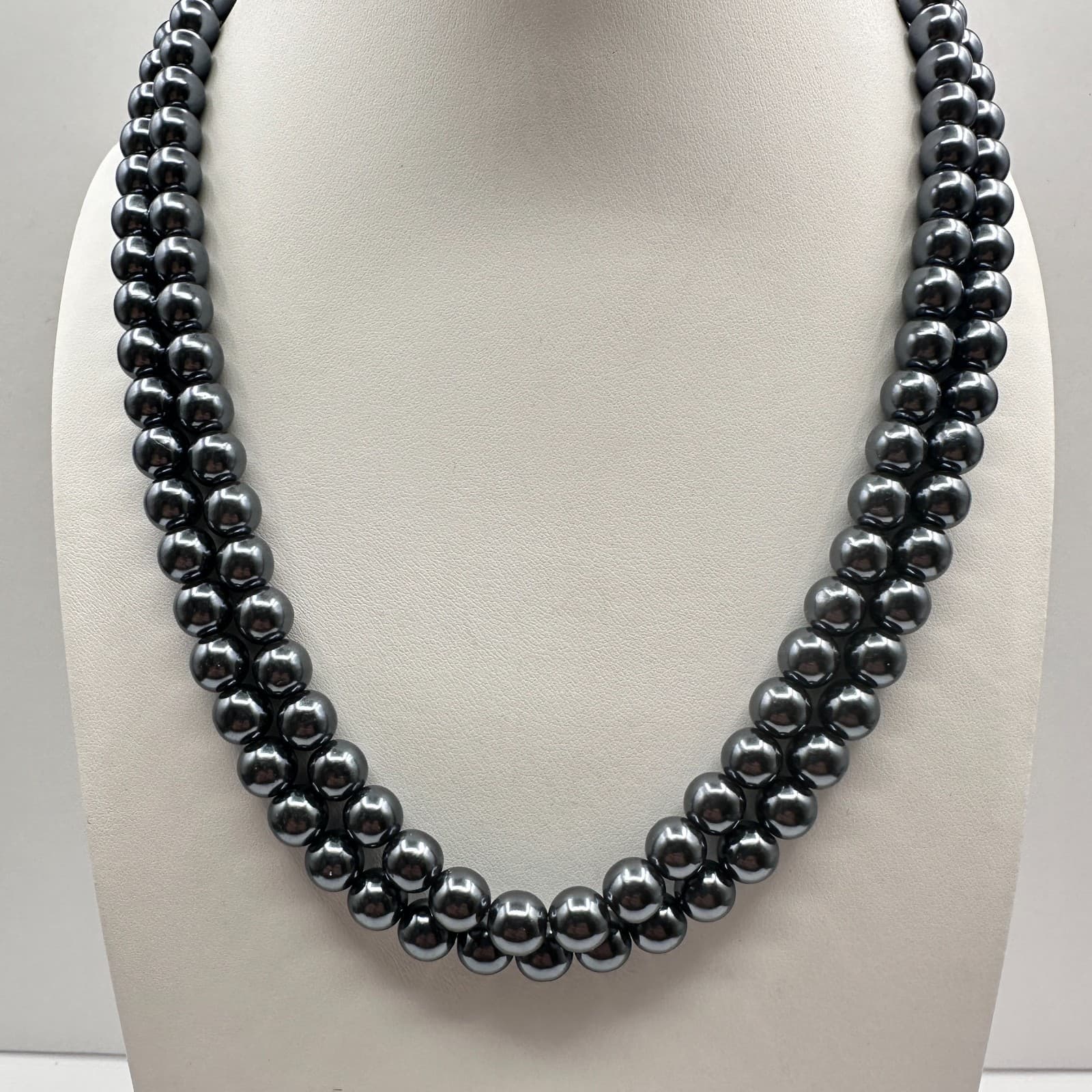 Vintage 90s Grey Faux Pearl Double Strand Beaded Necklace Statement Jewelry - Image 1