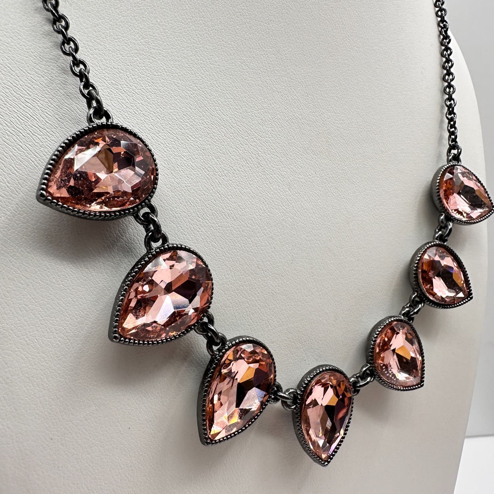 Vintage 80s Amber Crystal Teardrop Necklace Statement Gunmetal Fashion Jewelry - Thumbnail 6