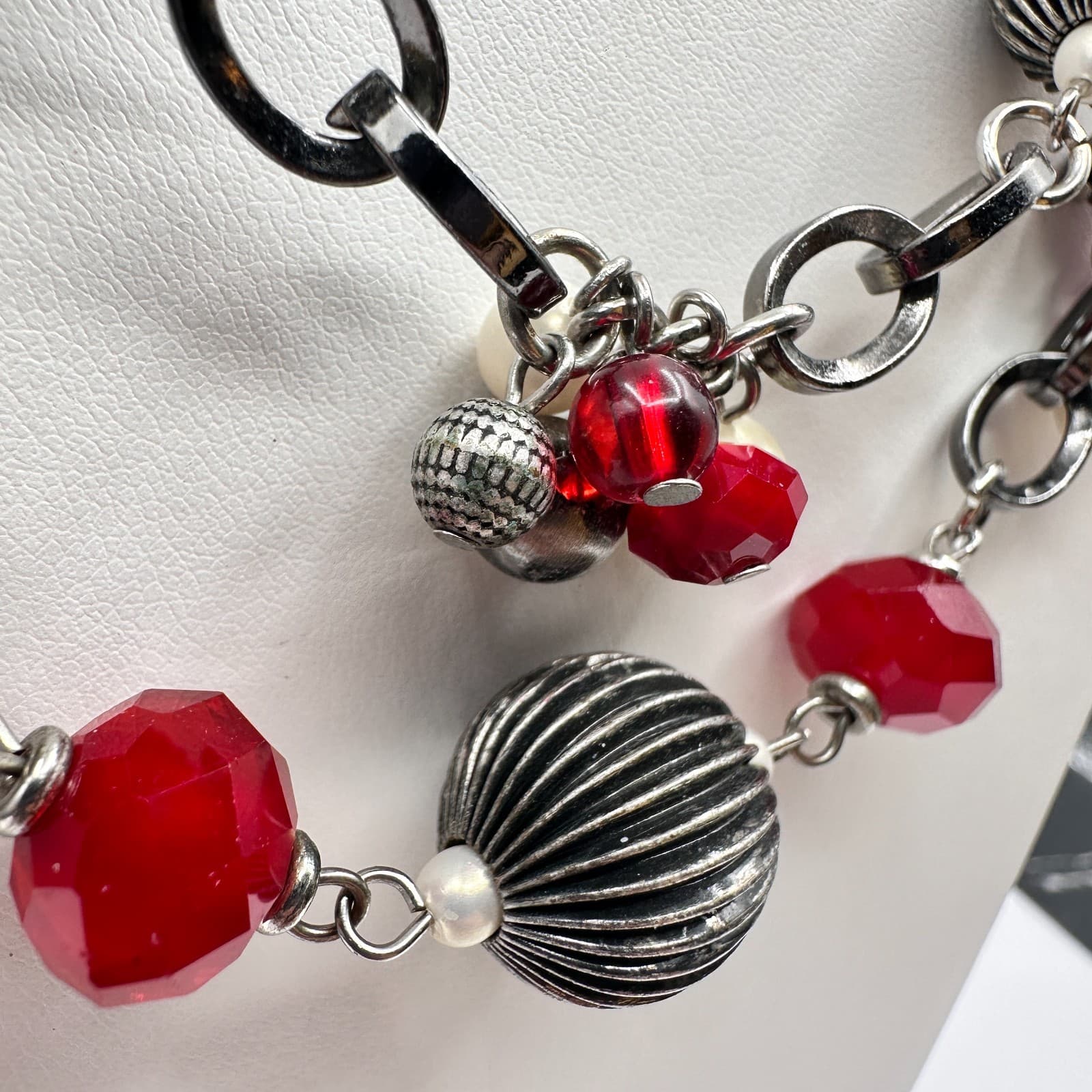Vintage 90s Multi Stand Chunky Necklace Red Crystal White Pearl Silver Tone - Thumbnail 5