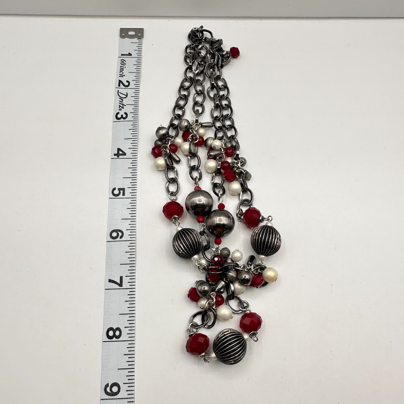 Vintage 90s Multi Stand Chunky Necklace Red Crystal White Pearl Silver Tone - Thumbnail 8