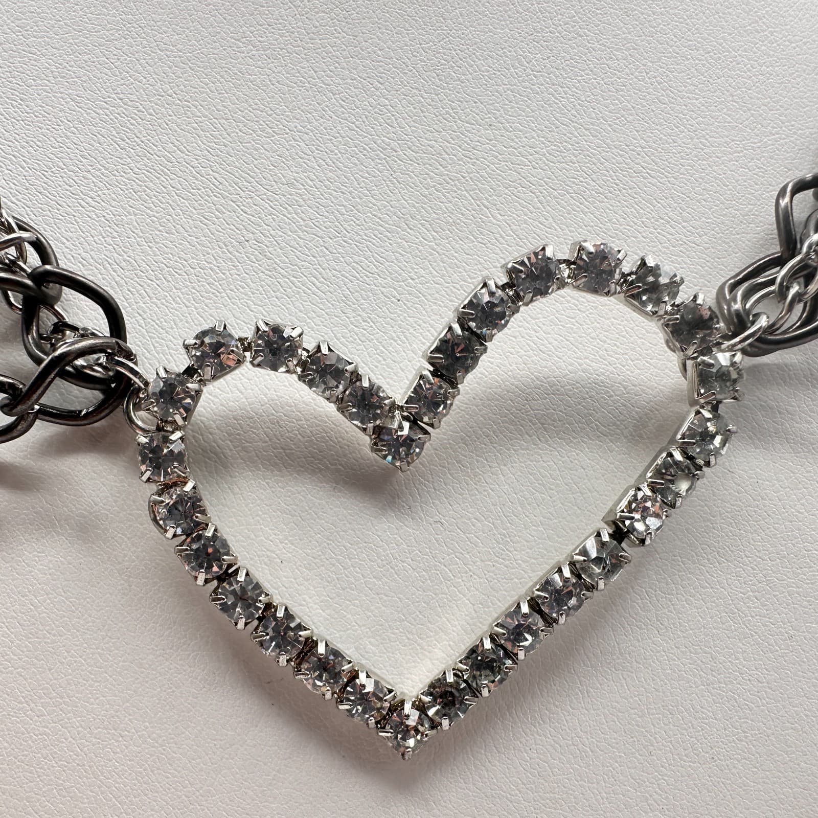 Vintage Y2K Heart Pendant Necklace Gunmetal Multi Stand Chain Clear Rhinestone - Thumbnail 3