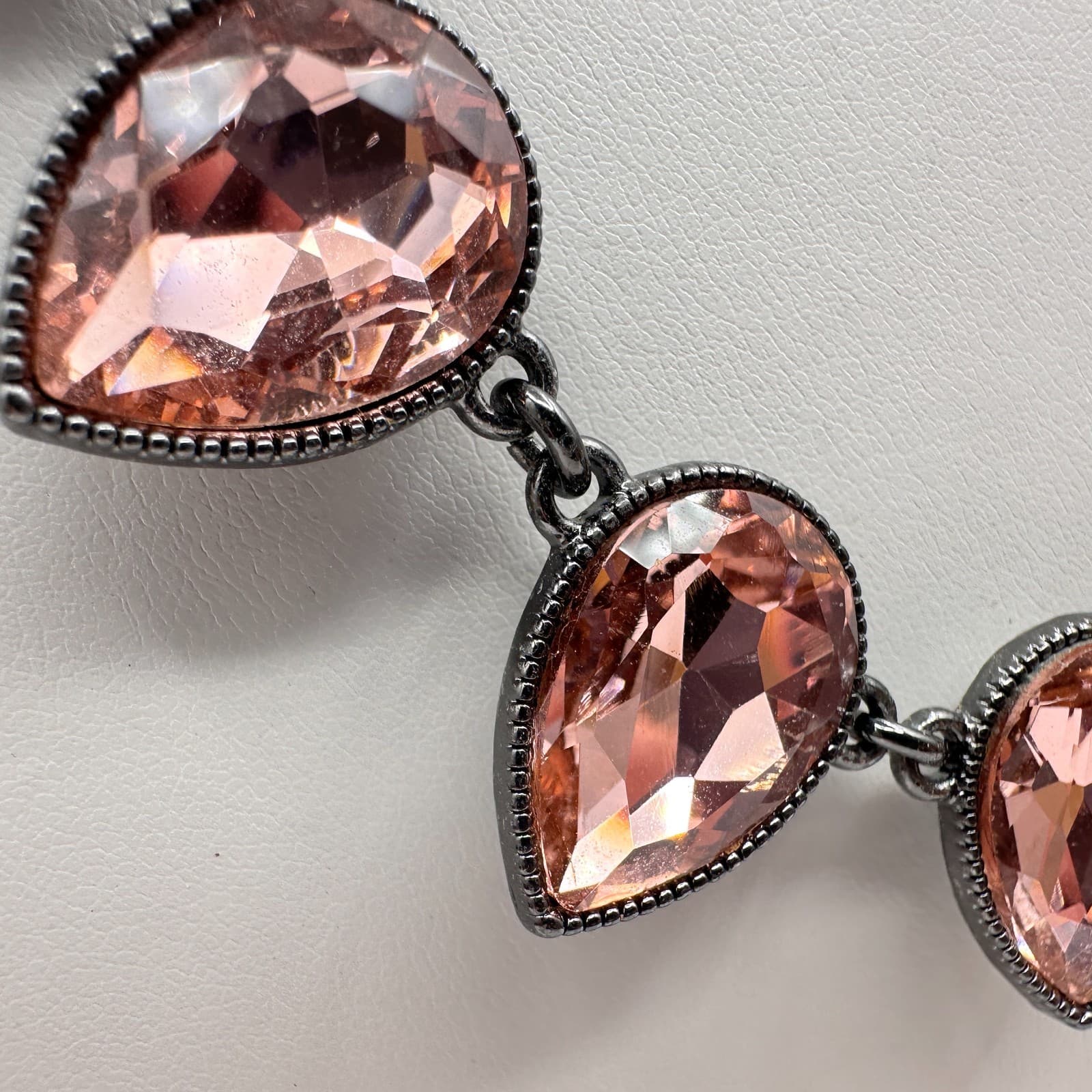 Vintage 80s Amber Crystal Teardrop Necklace Statement Gunmetal Fashion Jewelry - Thumbnail 4