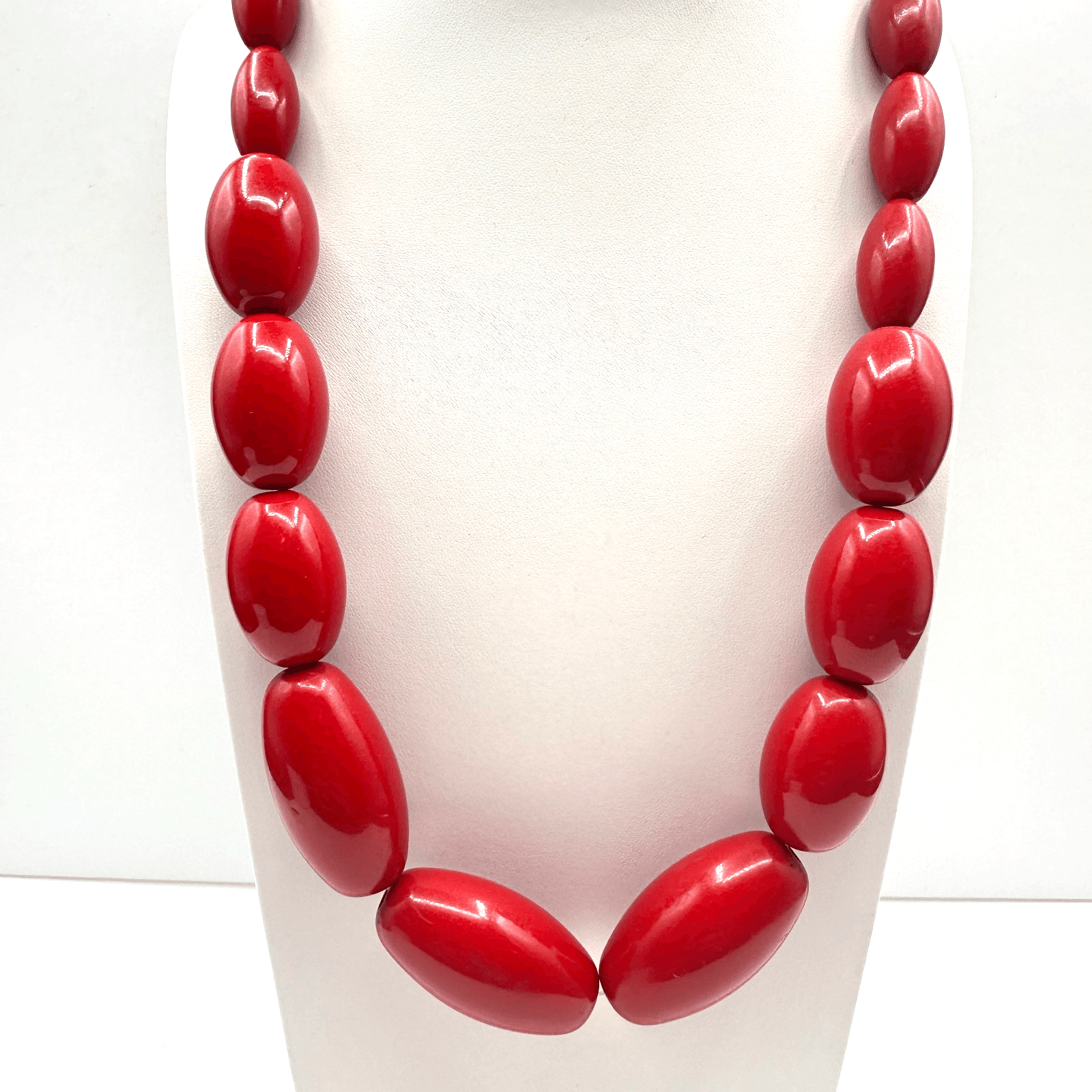 Vintage 90s Bold Red Oval Beaded Statement Necklace Silver Tone Women's Jewelry - Image 1