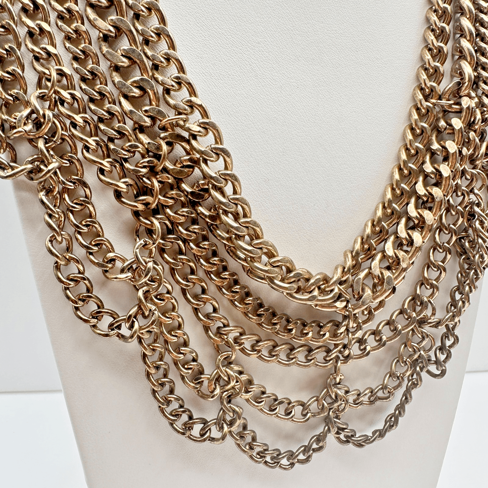 Vintage 80s 90s Chunky Multi Strand Curb Chain Bib Necklace Gold Tone Statement - Thumbnail 2