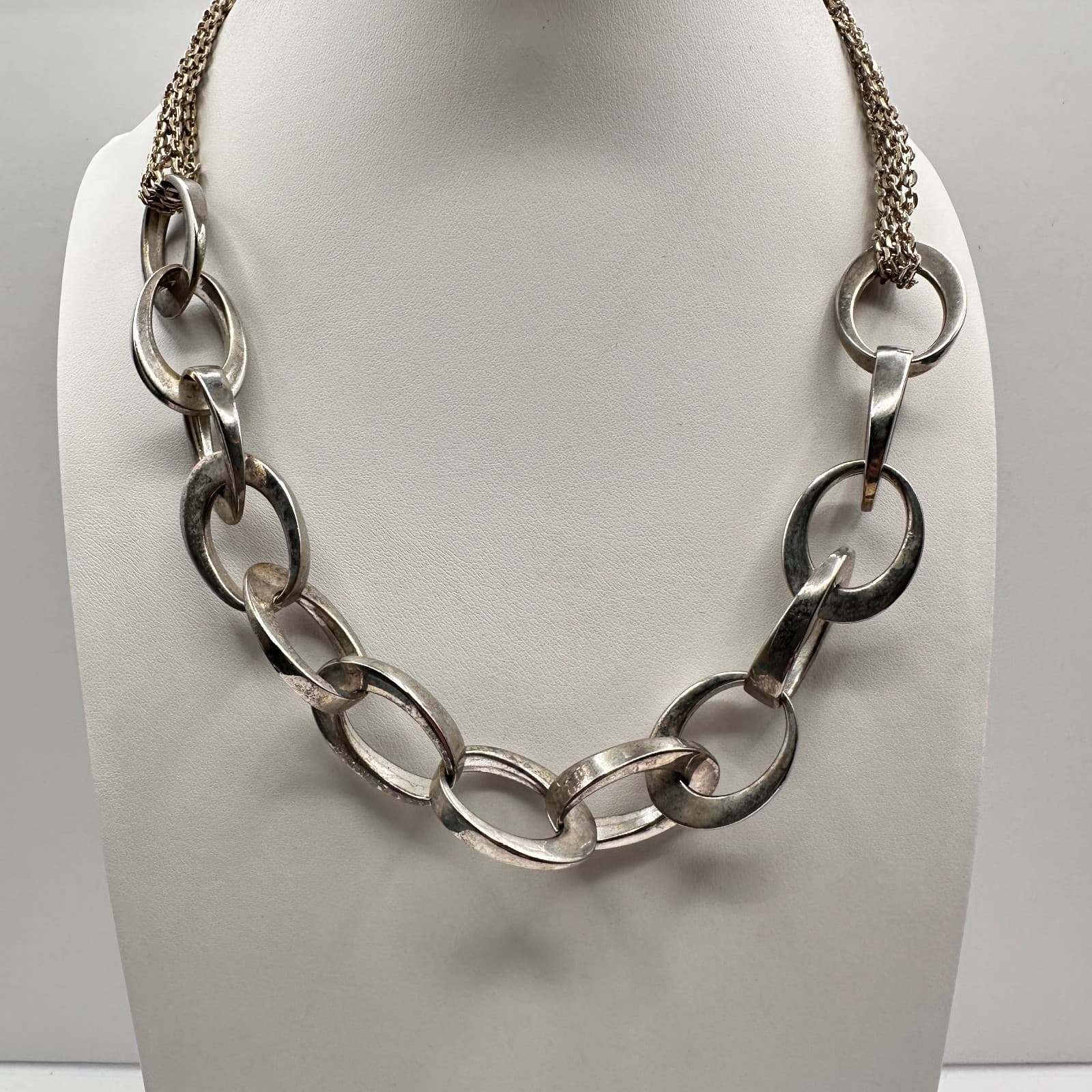 Vintage 80s Chunky Silver Oval Link Statement Necklace on Double Chain Jewelry - Image 1