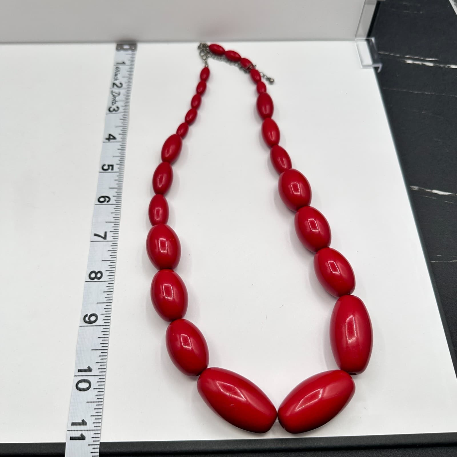 Vintage 90s Bold Red Oval Beaded Statement Necklace Silver Tone Women's Jewelry - Thumbnail 9