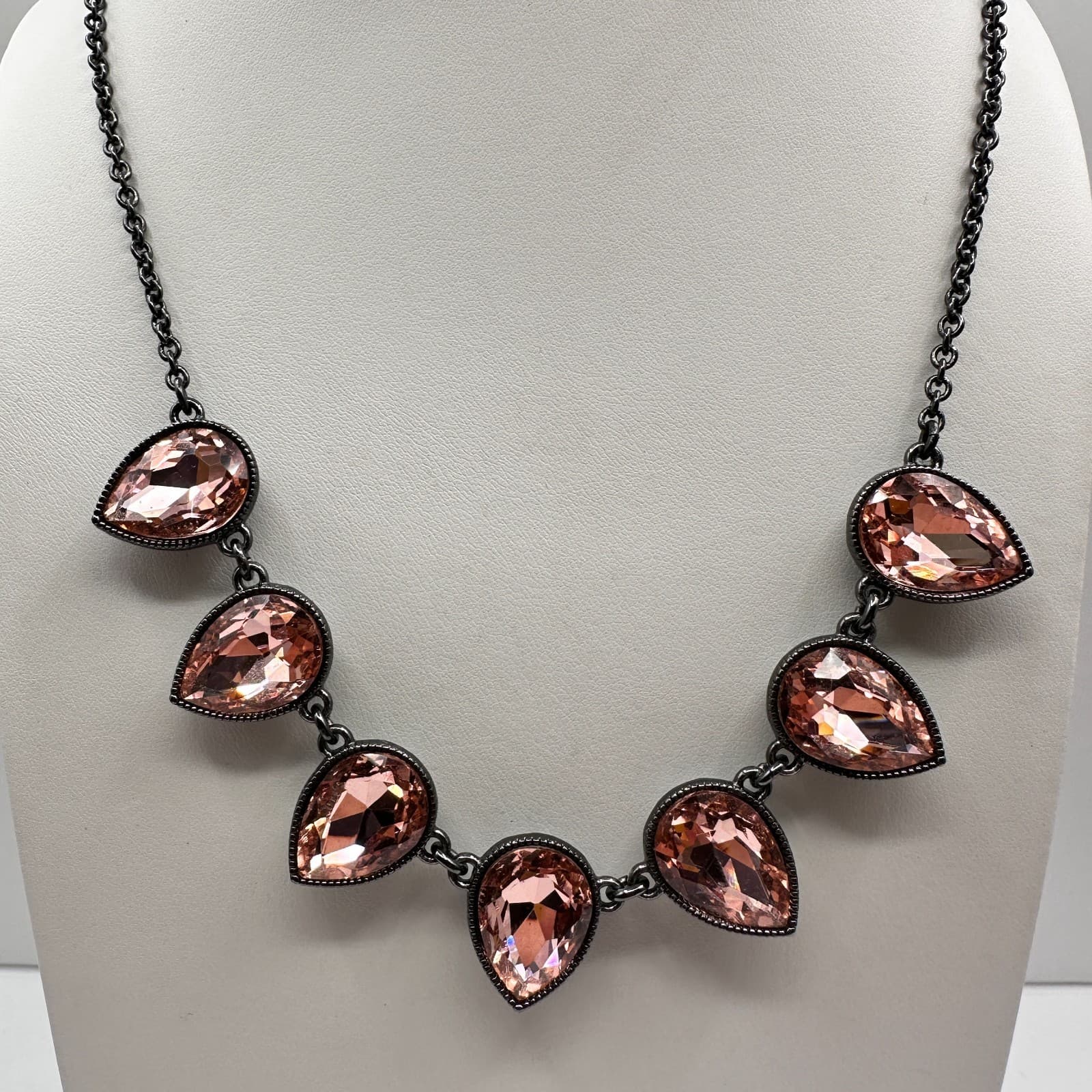Vintage 80s Amber Crystal Teardrop Necklace Statement Gunmetal Fashion Jewelry - Thumbnail 8