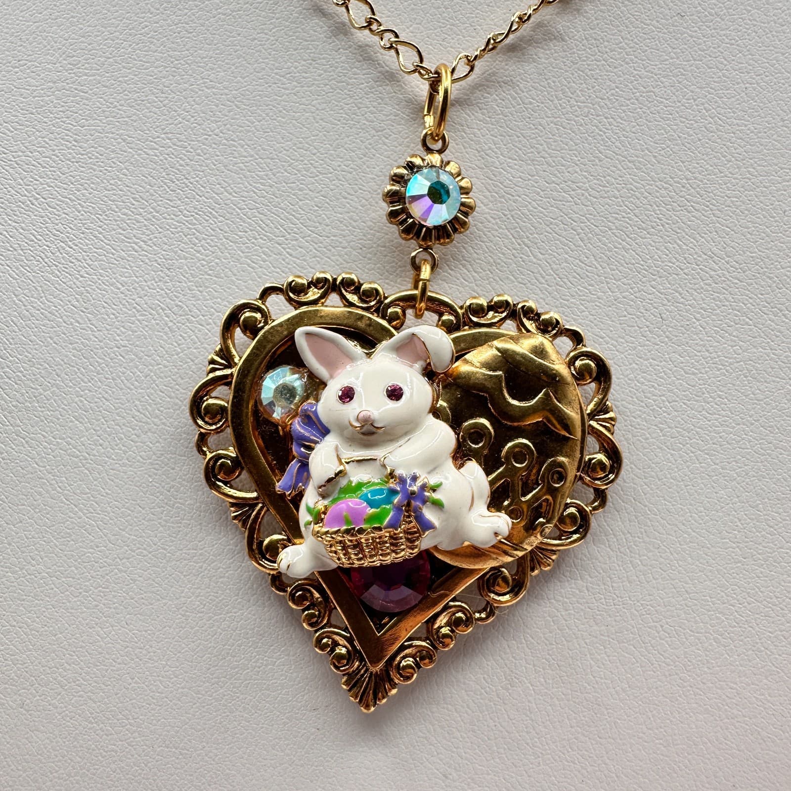 Vintage Y2K 90s Easter Bunny Heart Pendant Necklace Gold Tone AB Rhinestone - Thumbnail 2