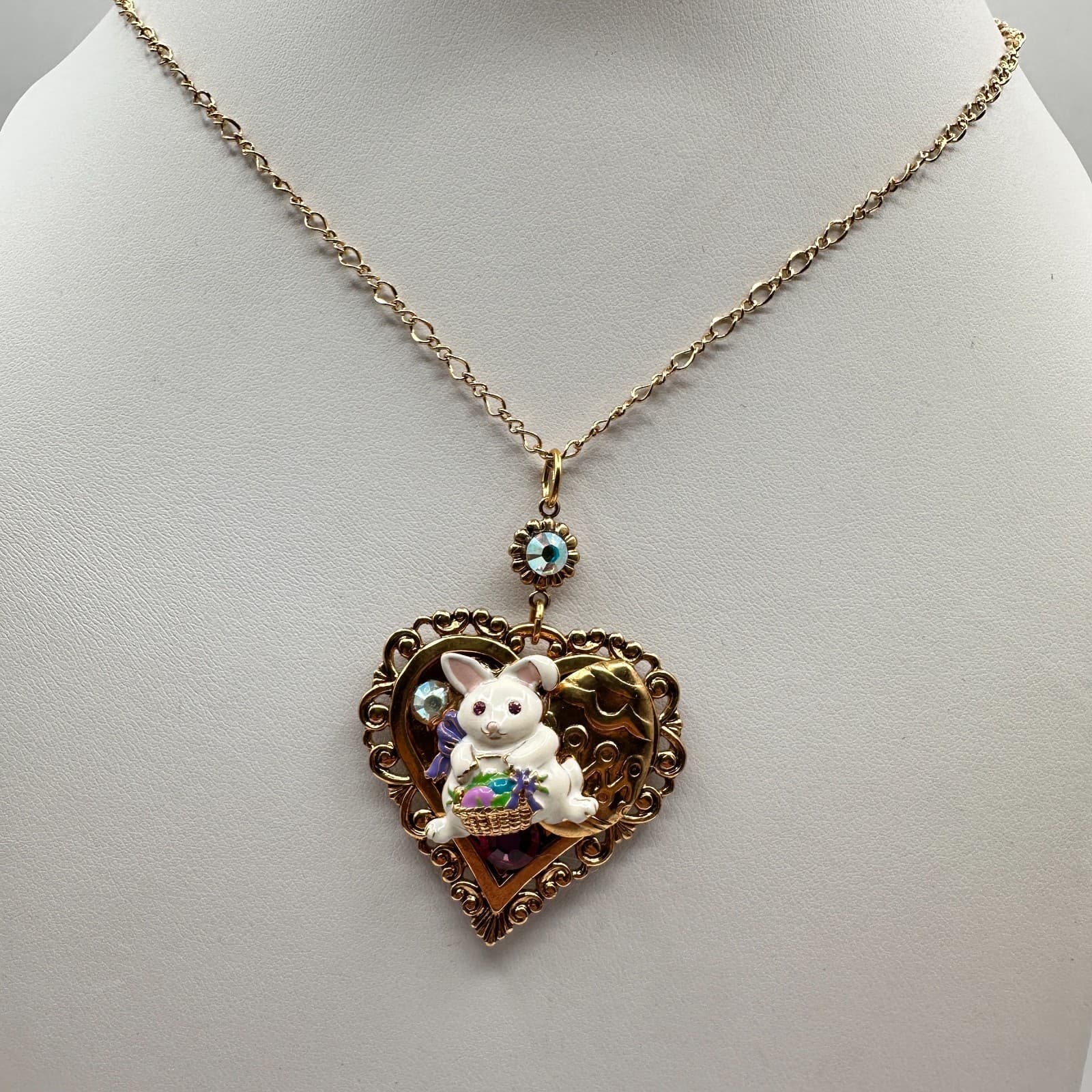 Vintage Y2K 90s Easter Bunny Heart Pendant Necklace Gold Tone AB Rhinestone - Thumbnail 6