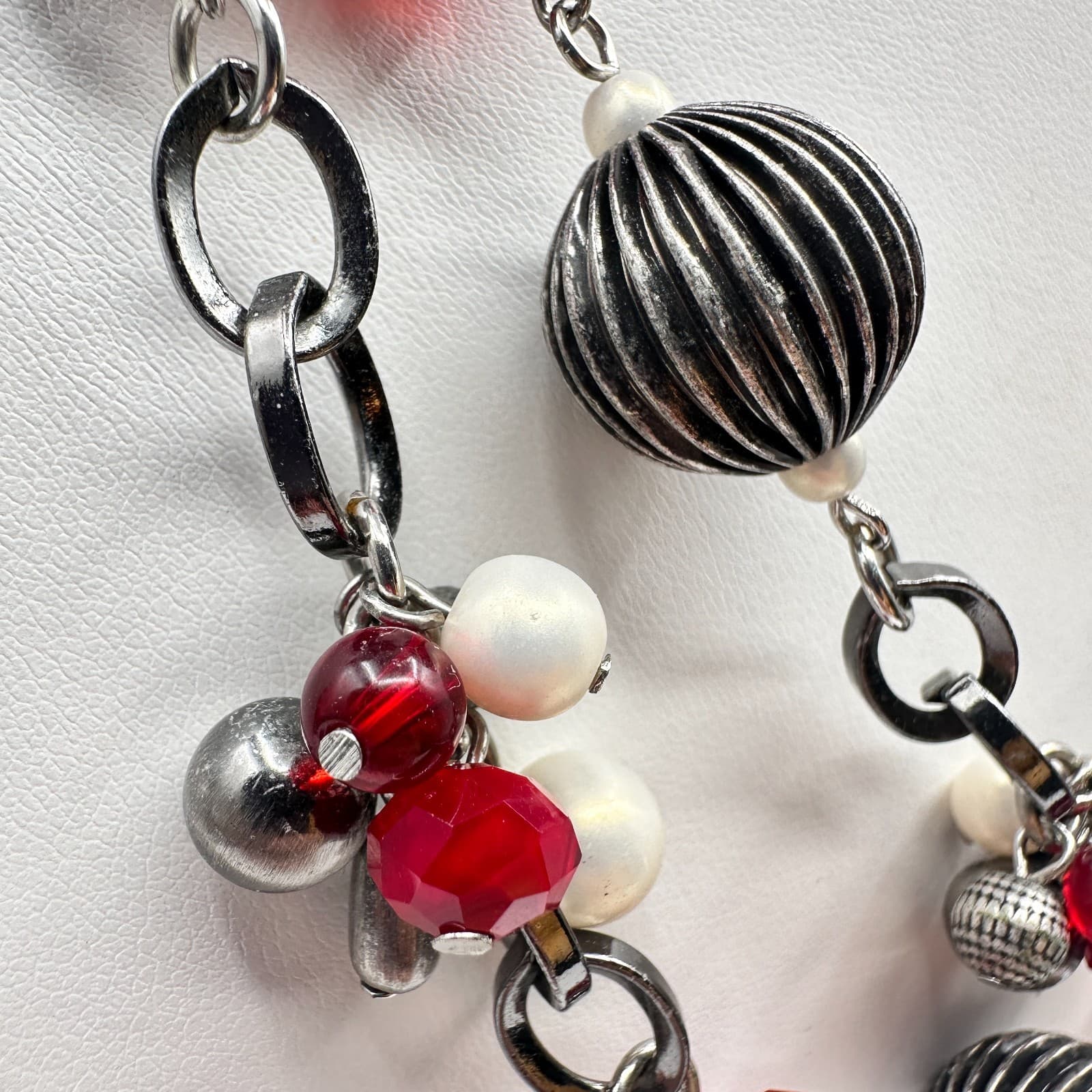 Vintage 90s Multi Stand Chunky Necklace Red Crystal White Pearl Silver Tone - Thumbnail 4