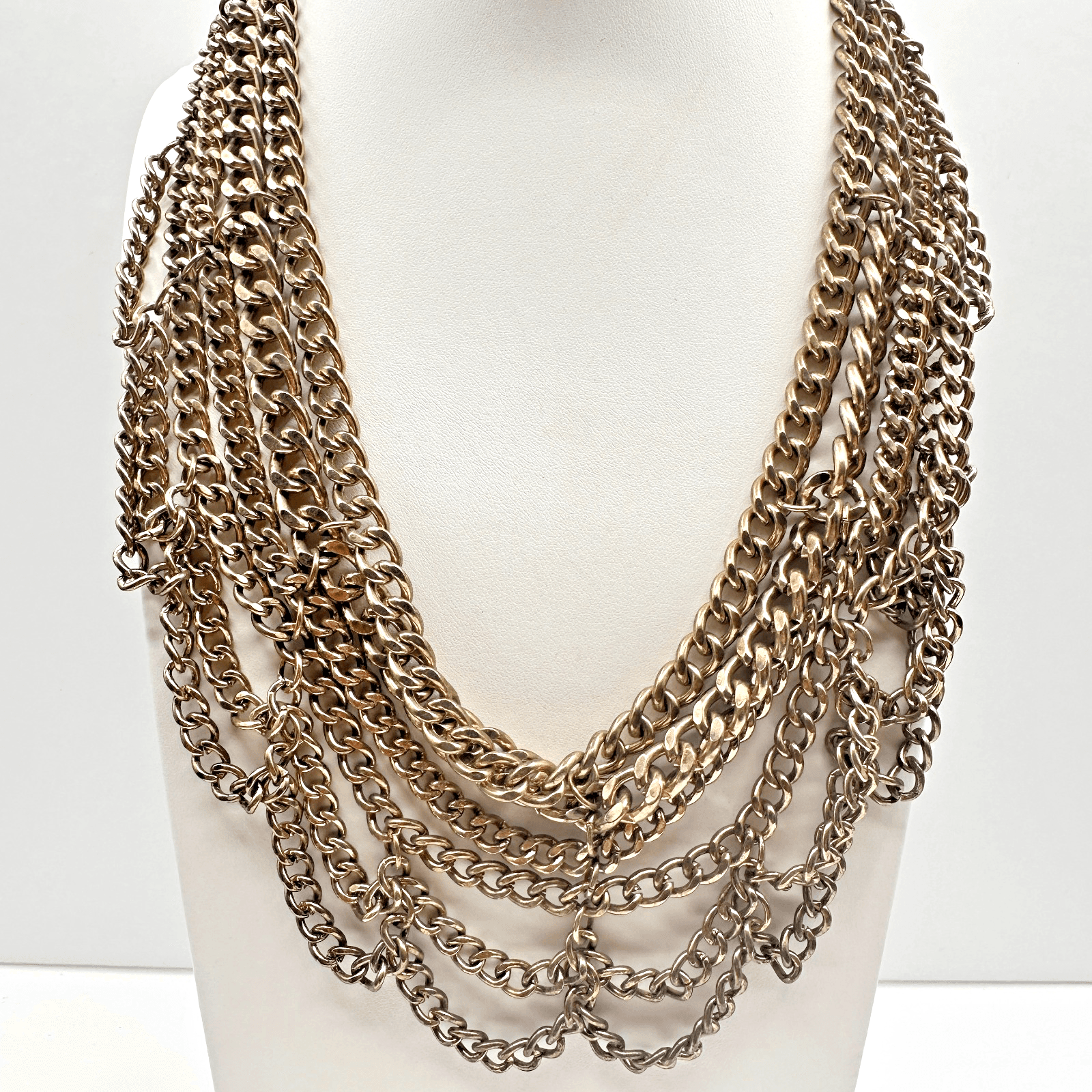 Vintage 80s 90s Chunky Multi Strand Curb Chain Bib Necklace Gold Tone Statement - Image 1