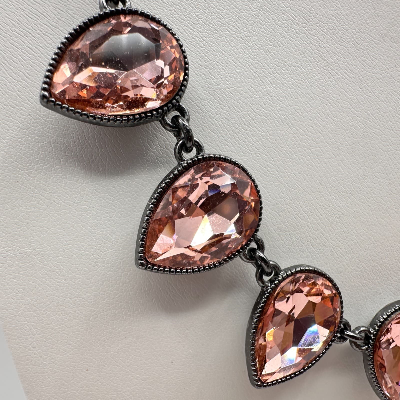 Vintage 80s Amber Crystal Teardrop Necklace Statement Gunmetal Fashion Jewelry - Thumbnail 3