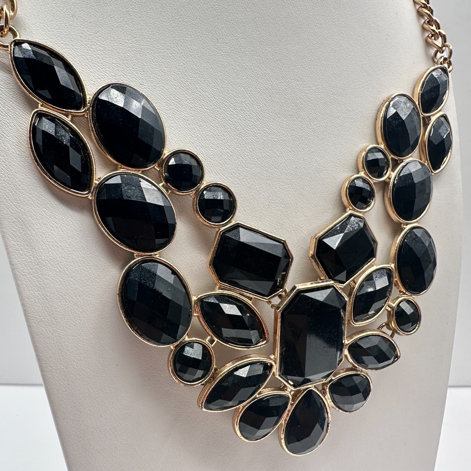 Vintage Y2K Black Onyx Statement Bib Necklace Gold Tone Chunky Women's Jewelry - Thumbnail 2