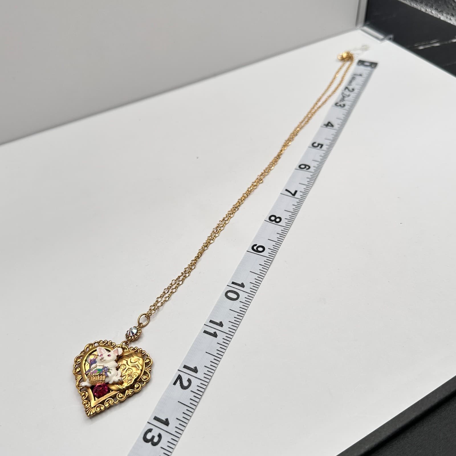 Vintage Y2K 90s Easter Bunny Heart Pendant Necklace Gold Tone AB Rhinestone - Thumbnail 8