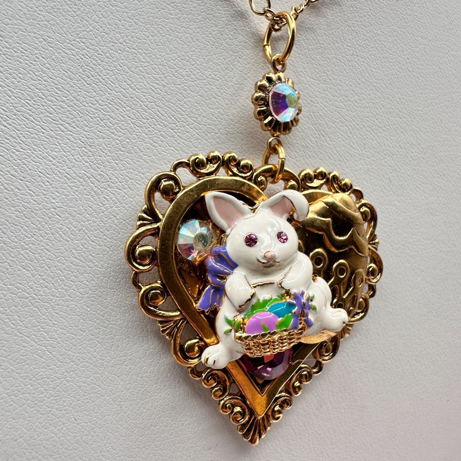 Vintage Y2K 90s Easter Bunny Heart Pendant Necklace Gold Tone AB Rhinestone - Thumbnail 3