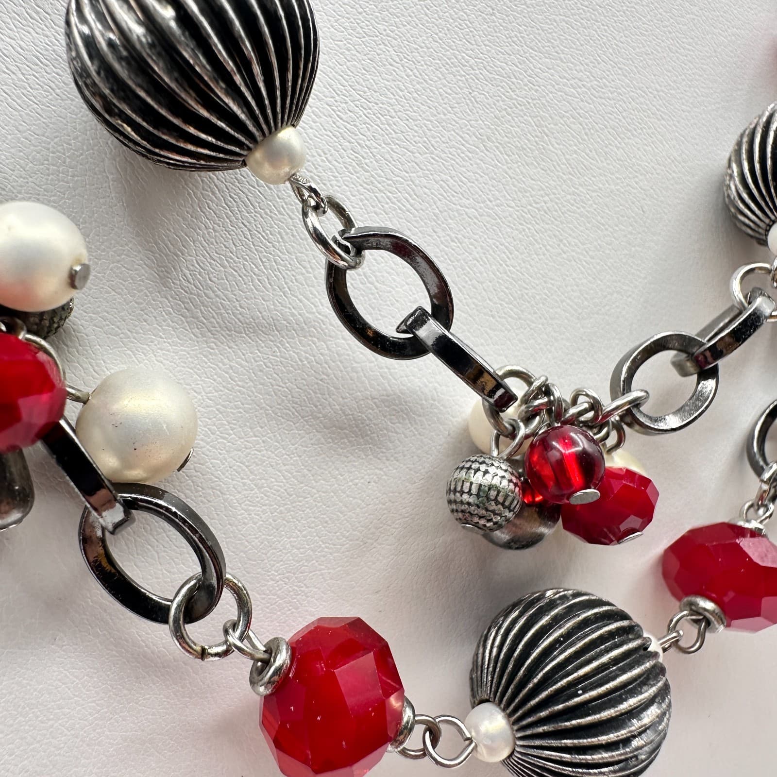 Vintage 90s Multi Stand Chunky Necklace Red Crystal White Pearl Silver Tone - Thumbnail 3