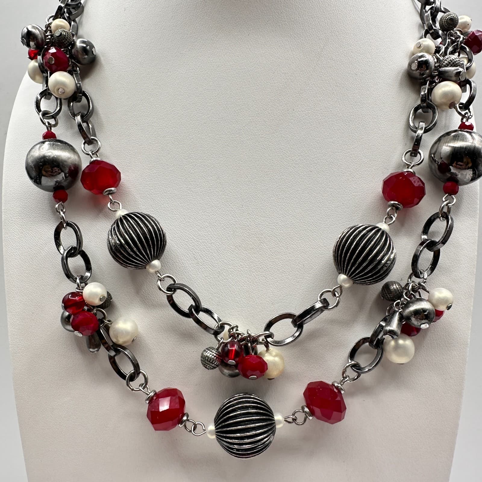 Vintage 90s Multi Stand Chunky Necklace Red Crystal White Pearl Silver Tone - Thumbnail 2