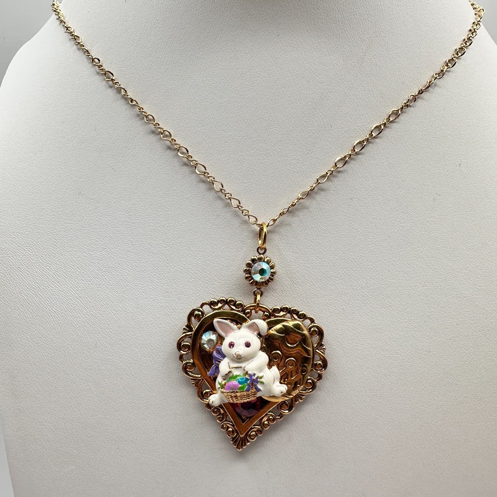 Vintage Y2K 90s Easter Bunny Heart Pendant Necklace Gold Tone AB Rhinestone - Image 1