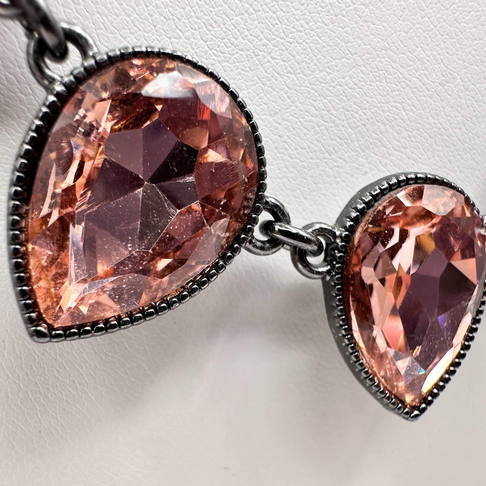 Vintage 80s Amber Crystal Teardrop Necklace Statement Gunmetal Fashion Jewelry - Thumbnail 5