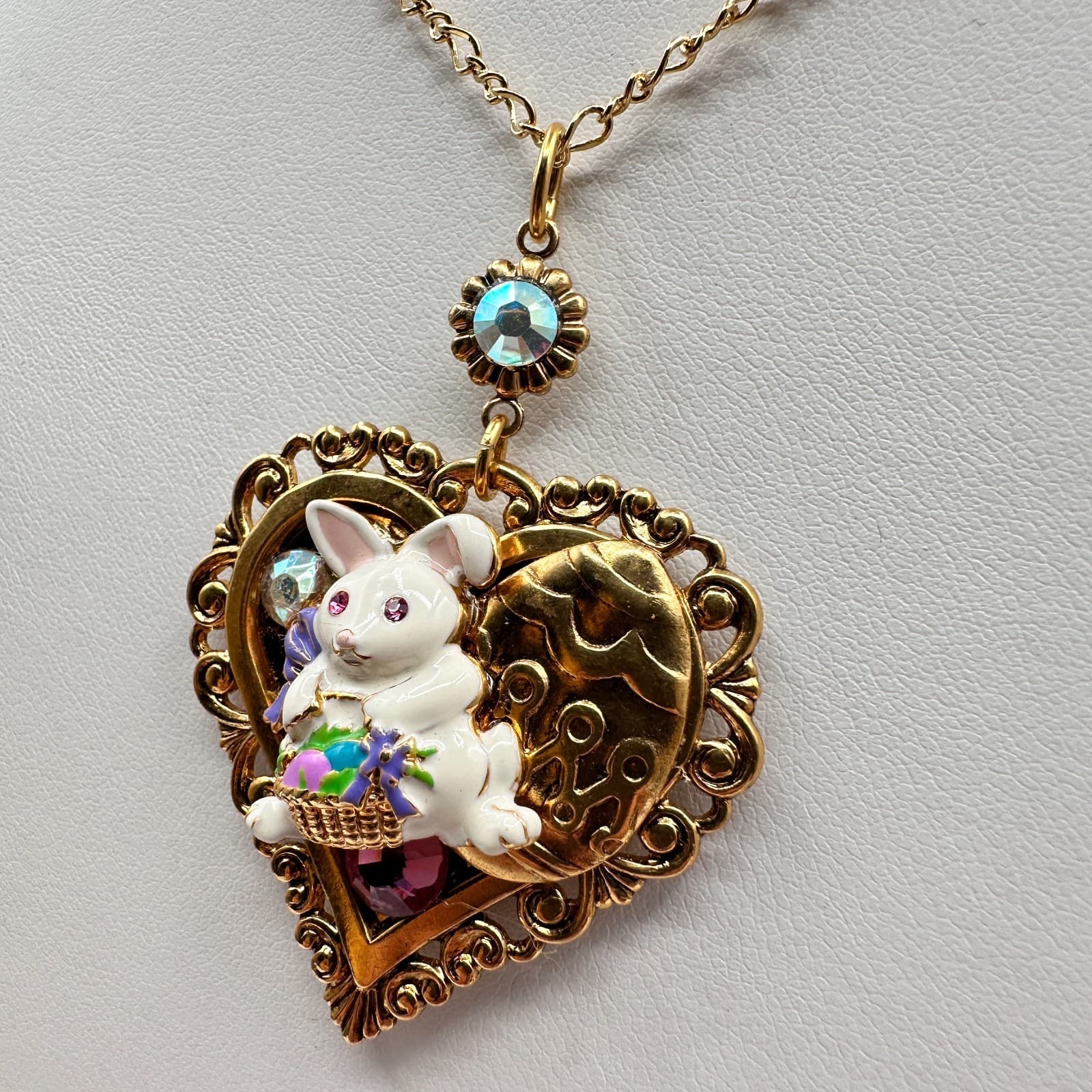 Vintage Y2K 90s Easter Bunny Heart Pendant Necklace Gold Tone AB Rhinestone - Thumbnail 4