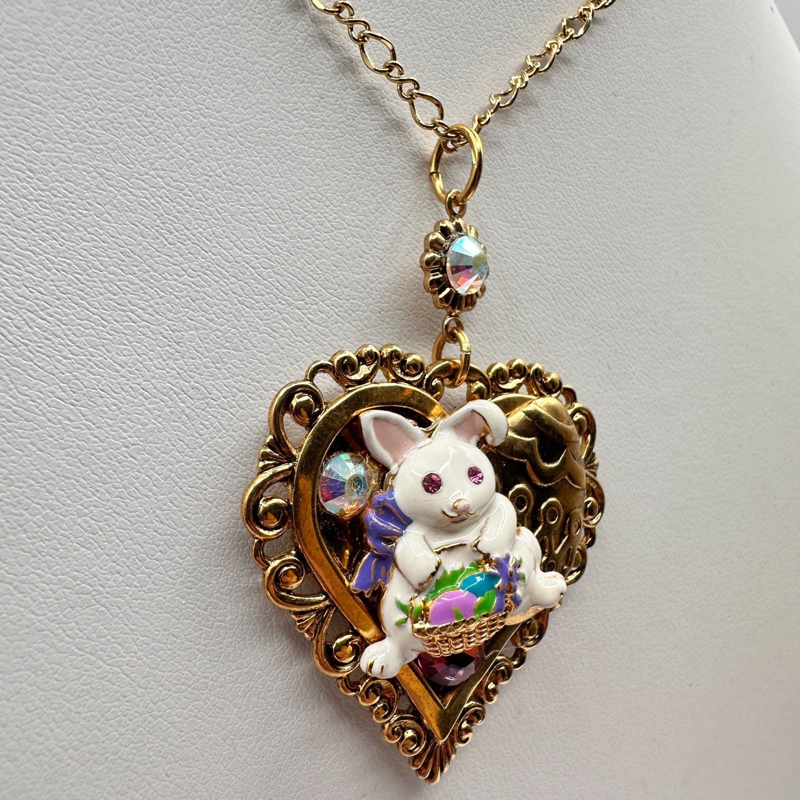 Vintage Y2K 90s Easter Bunny Heart Pendant Necklace Gold Tone AB Rhinestone - Thumbnail 5